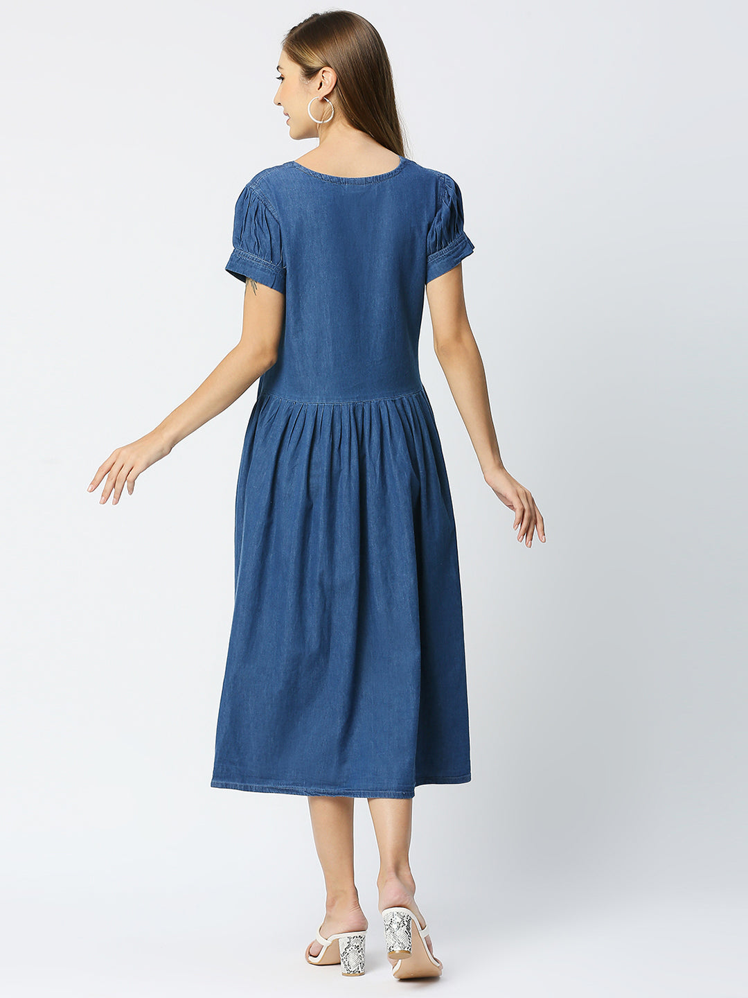 Cefalu®️ Blue Denim V Neck Gathered Dress with both side pocket