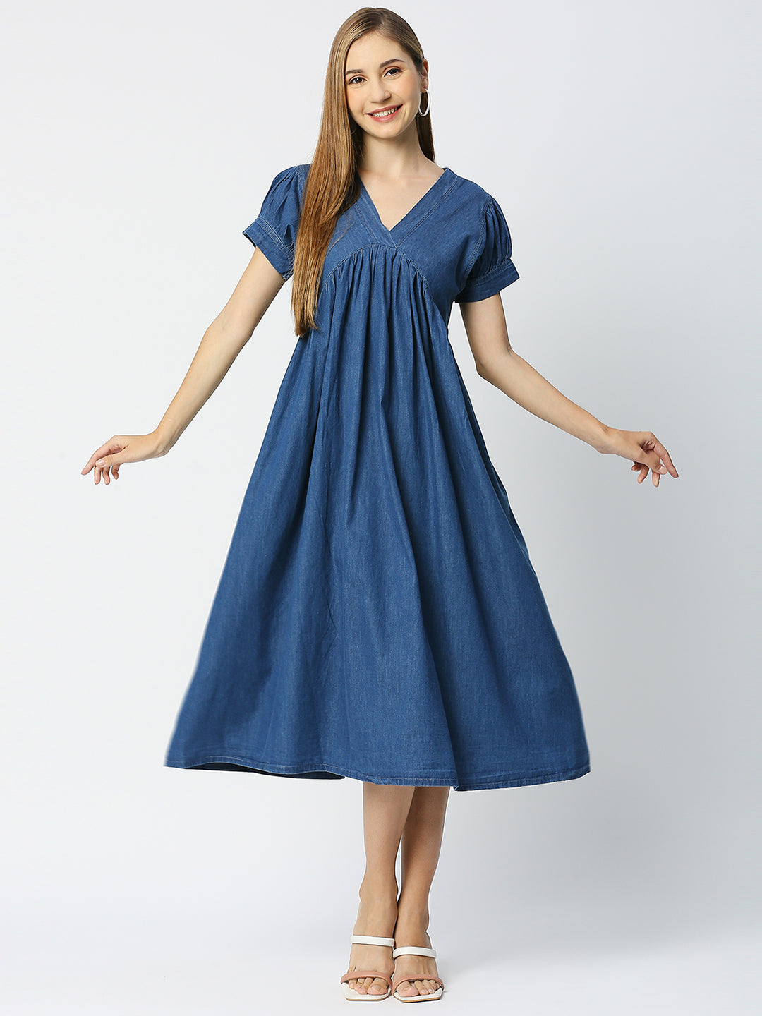 Cefalu®️ Blue Denim V Neck Gathered Dress with both side pocket