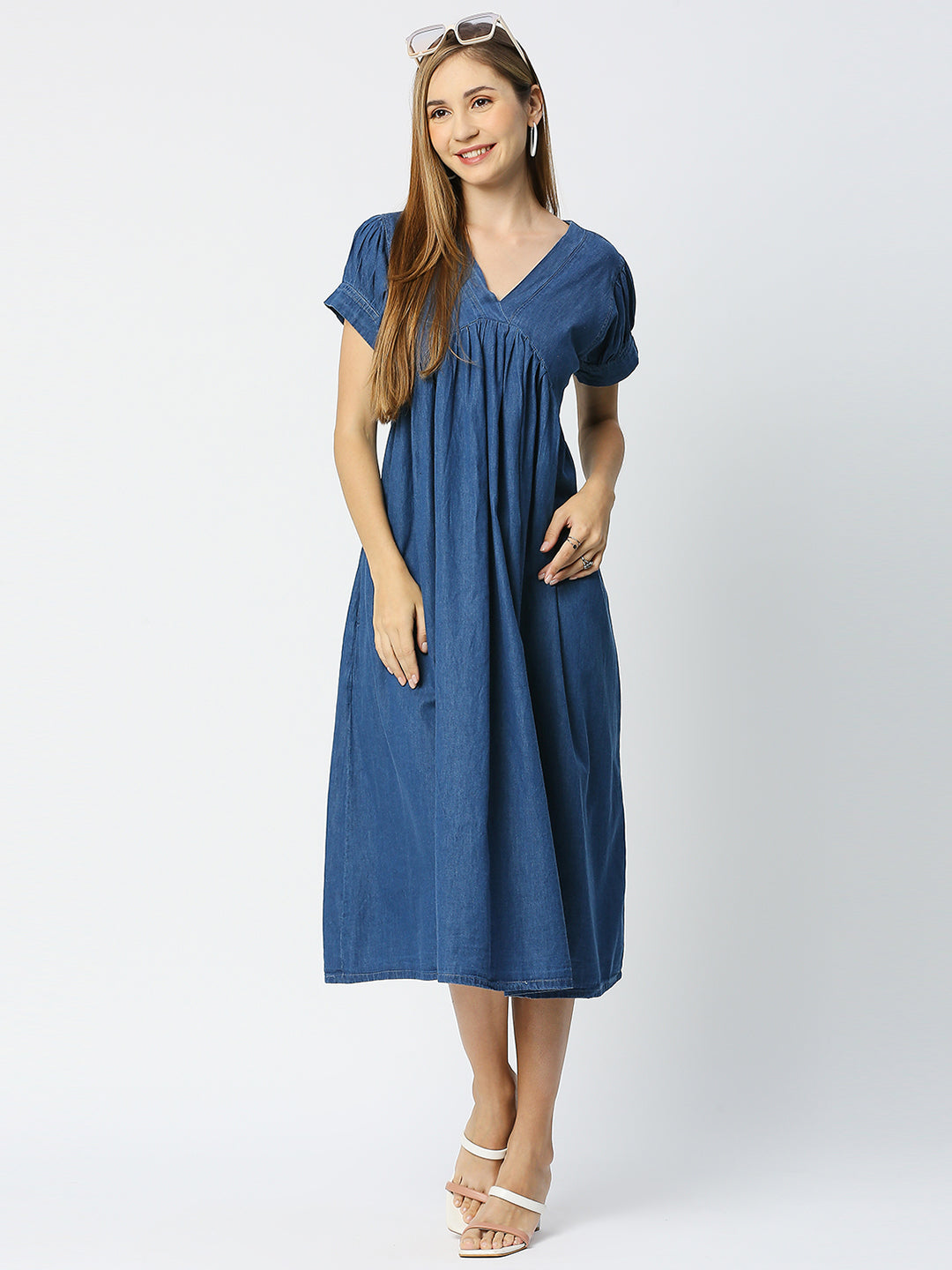 Cefalu®️ Blue Denim V Neck Gathered Dress with both side pocket