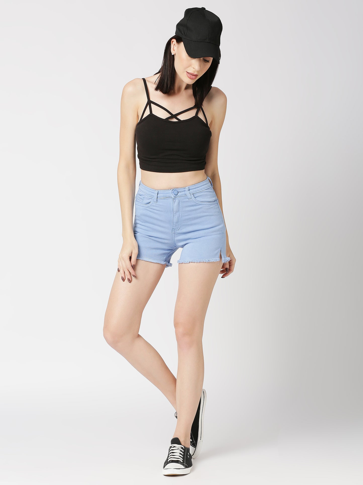 Cefalu®️ Solid Women Light Blue High Waist Denim Shorts