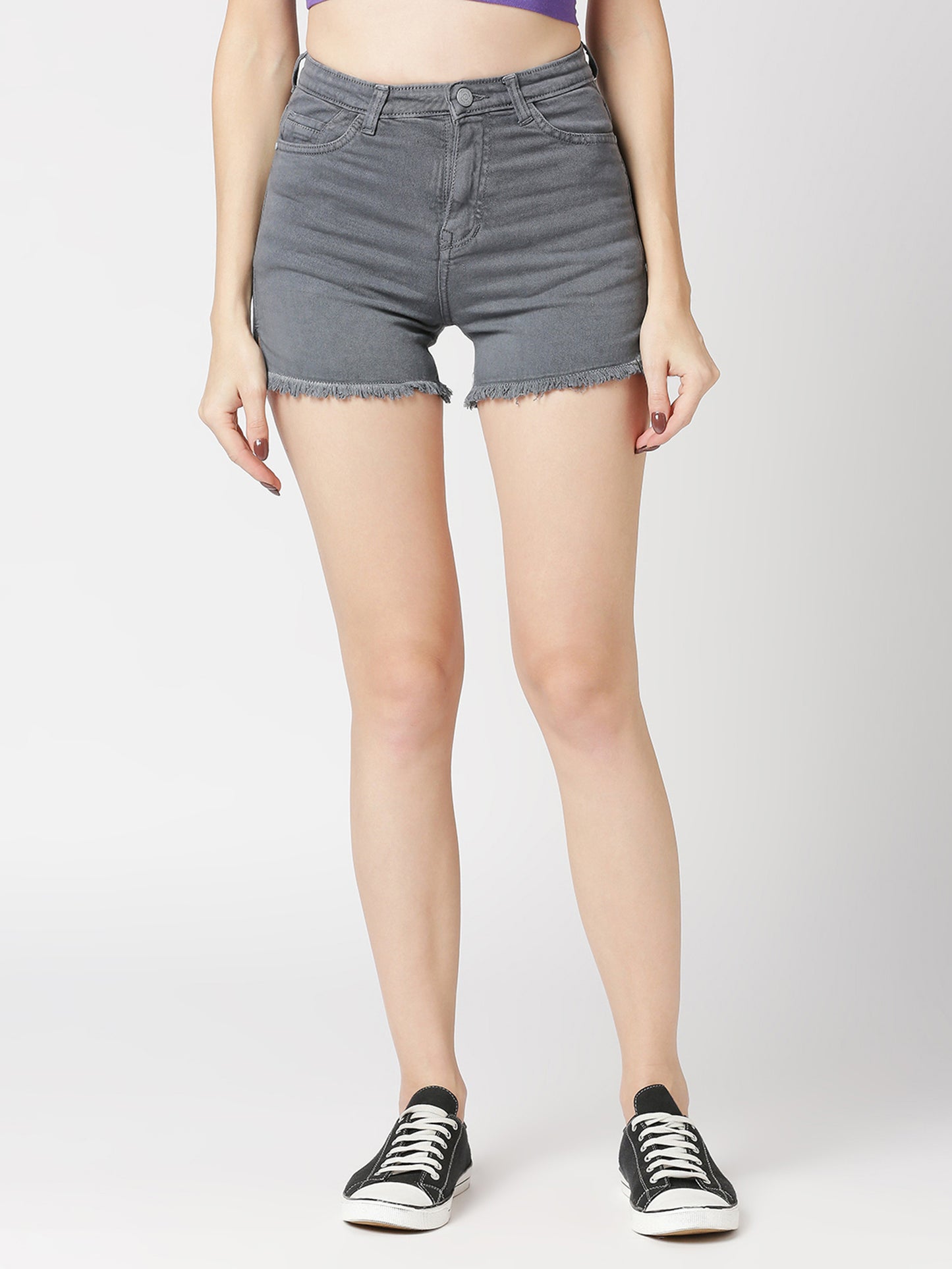 Cefalu®️ Solid Women Grey High Waist Denim Shorts