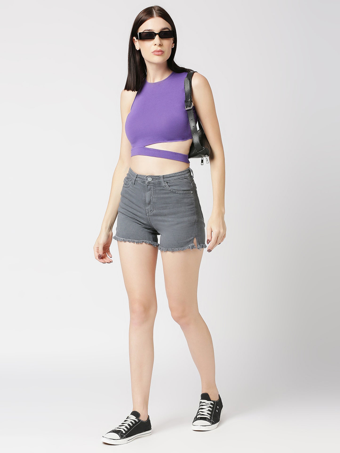 Cefalu®️ Solid Women Grey High Waist Denim Shorts