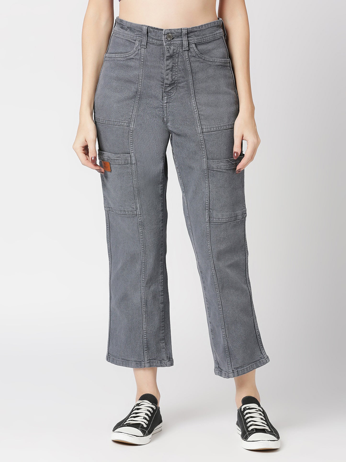 Cefalu®️ Solid Women Grey High Waist Denim Cargo Pant