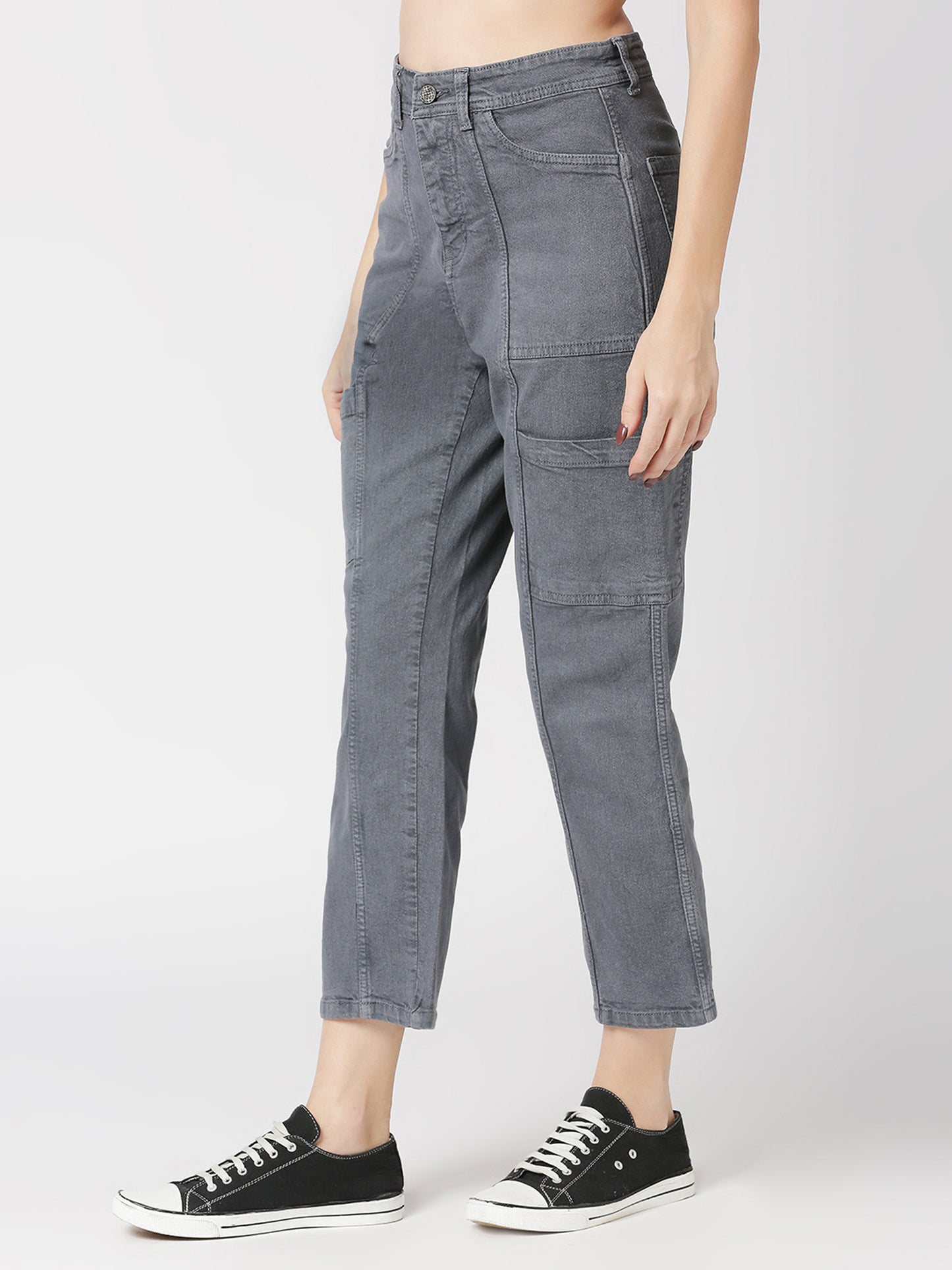 Cefalu®️ Solid Women Grey High Waist Denim Cargo Pant