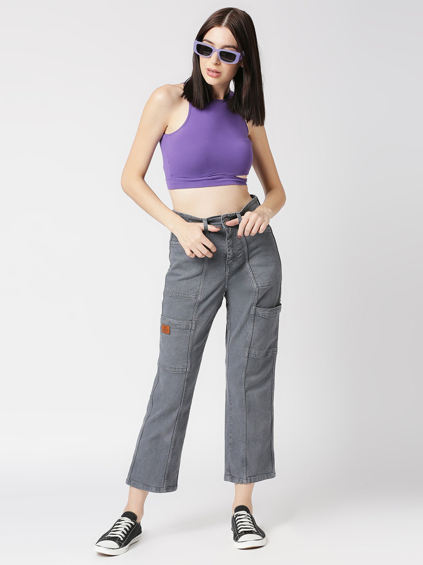 Cefalu®️ Solid Women Grey High Waist Denim Cargo Pant