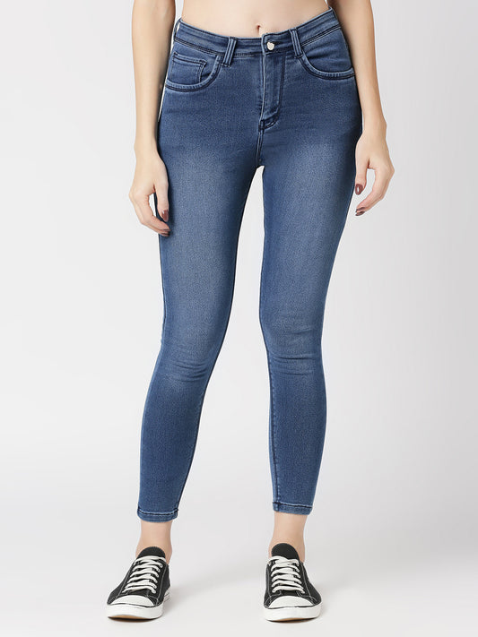 Cefalu®️ Women Skinny Mid Waist Full Length Mid Blue Jeans