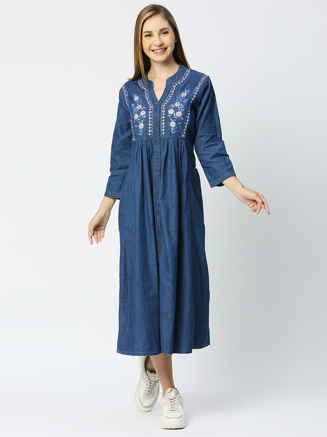 Cefalu Denim Collar Neck Pleated Kurta / kurti with both side patch pocket