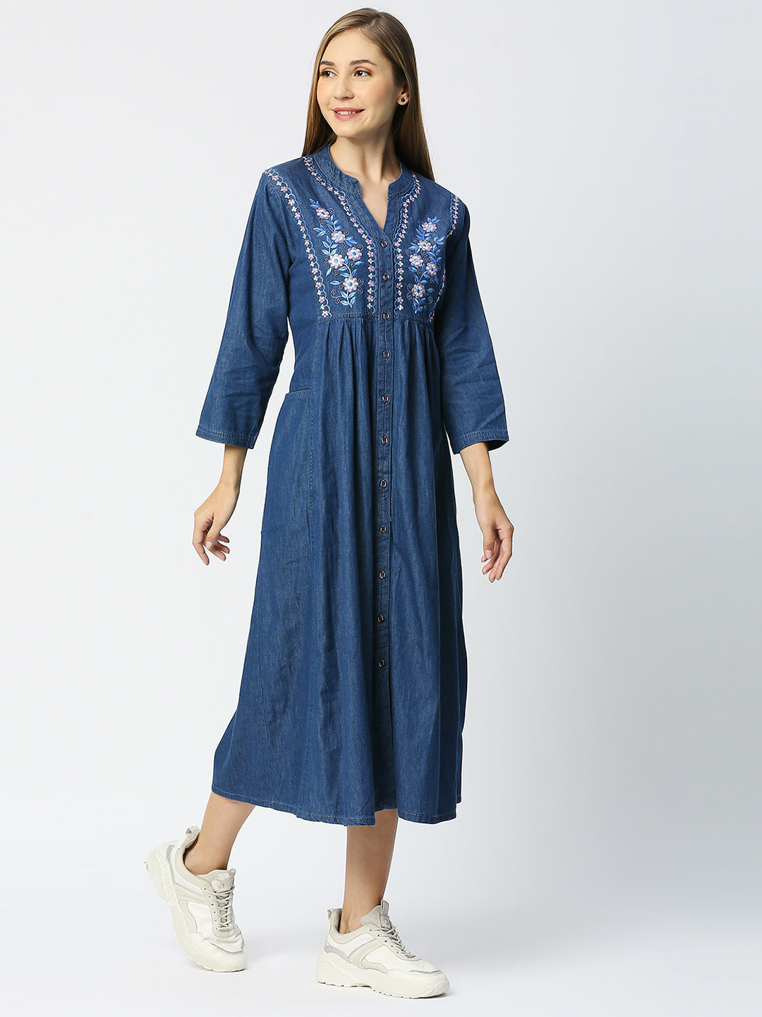 Cefalu Denim Collar Neck Pleated Kurta / kurti with both side patch pocket