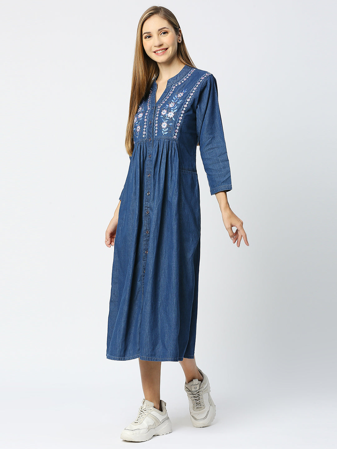 Cefalu®️ Denim Collar Neck Pleated Kurta / kurti with both side patch pocket