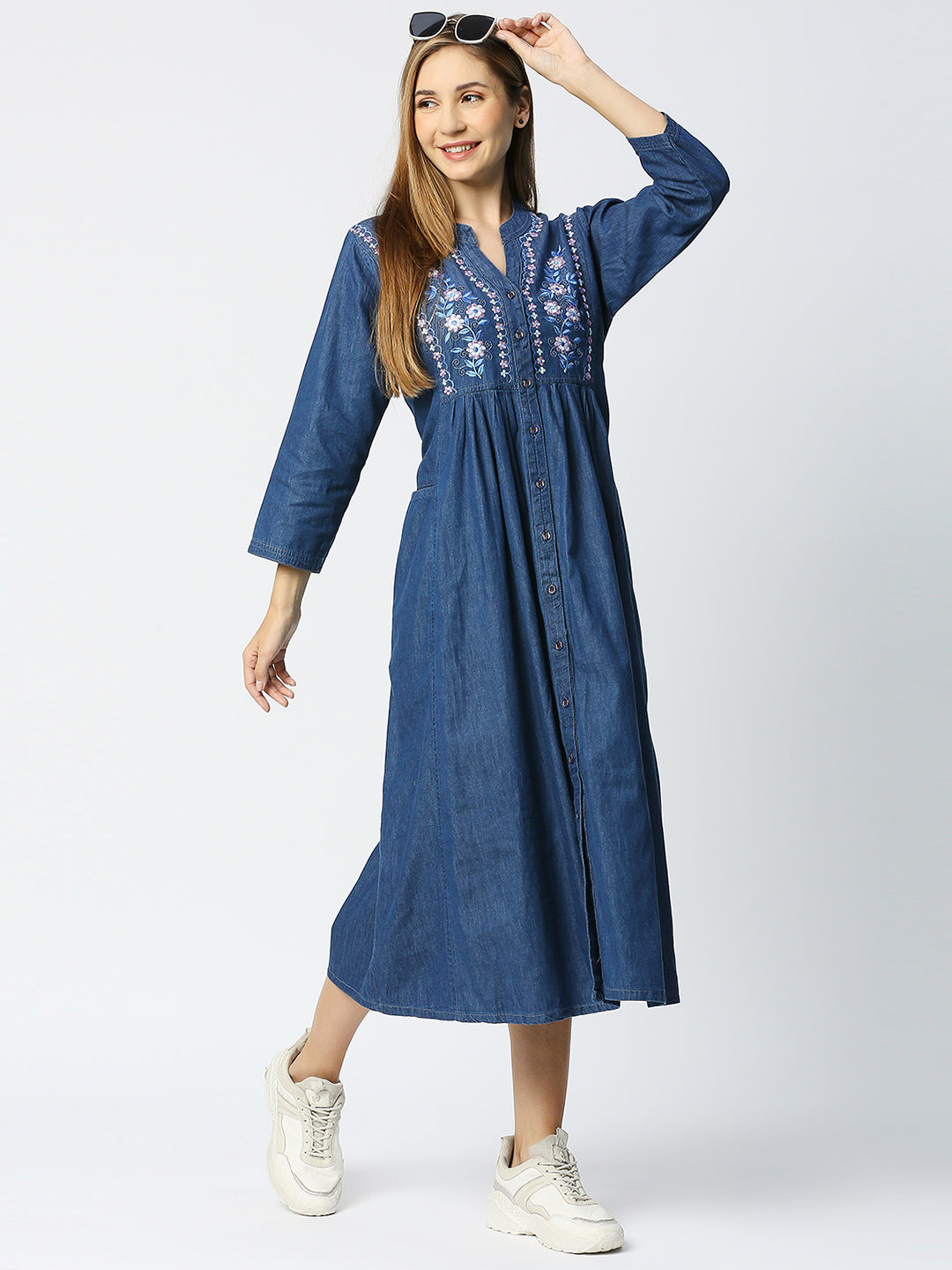 Cefalu®️ Denim Collar Neck Pleated Kurta / kurti with both side patch pocket