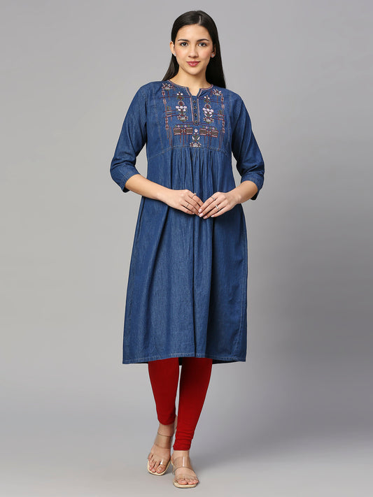 Cefalu®️ Women dark blue embroidered flared kurti