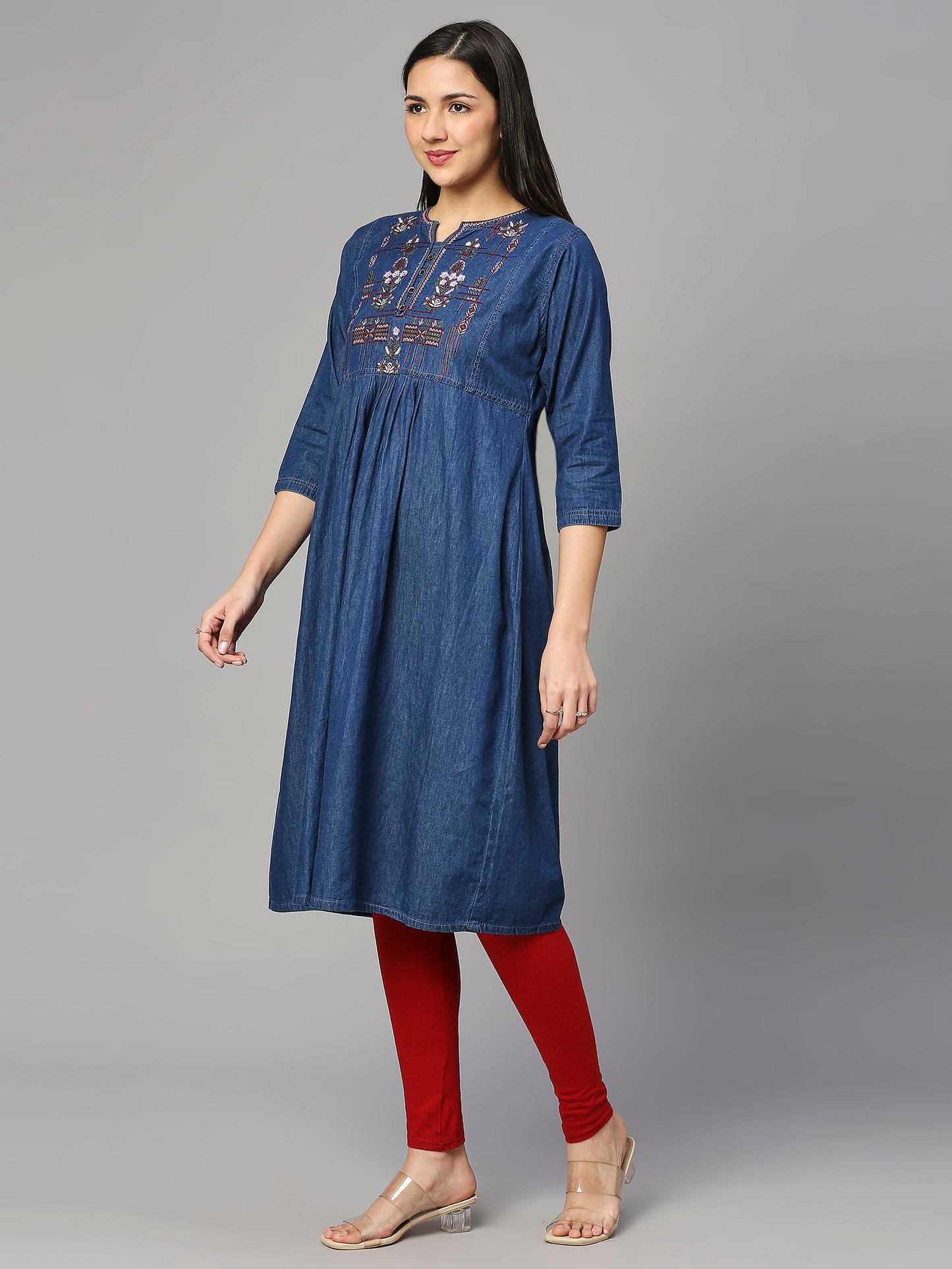 Cefalu®️ Women dark blue embroidered flared kurti