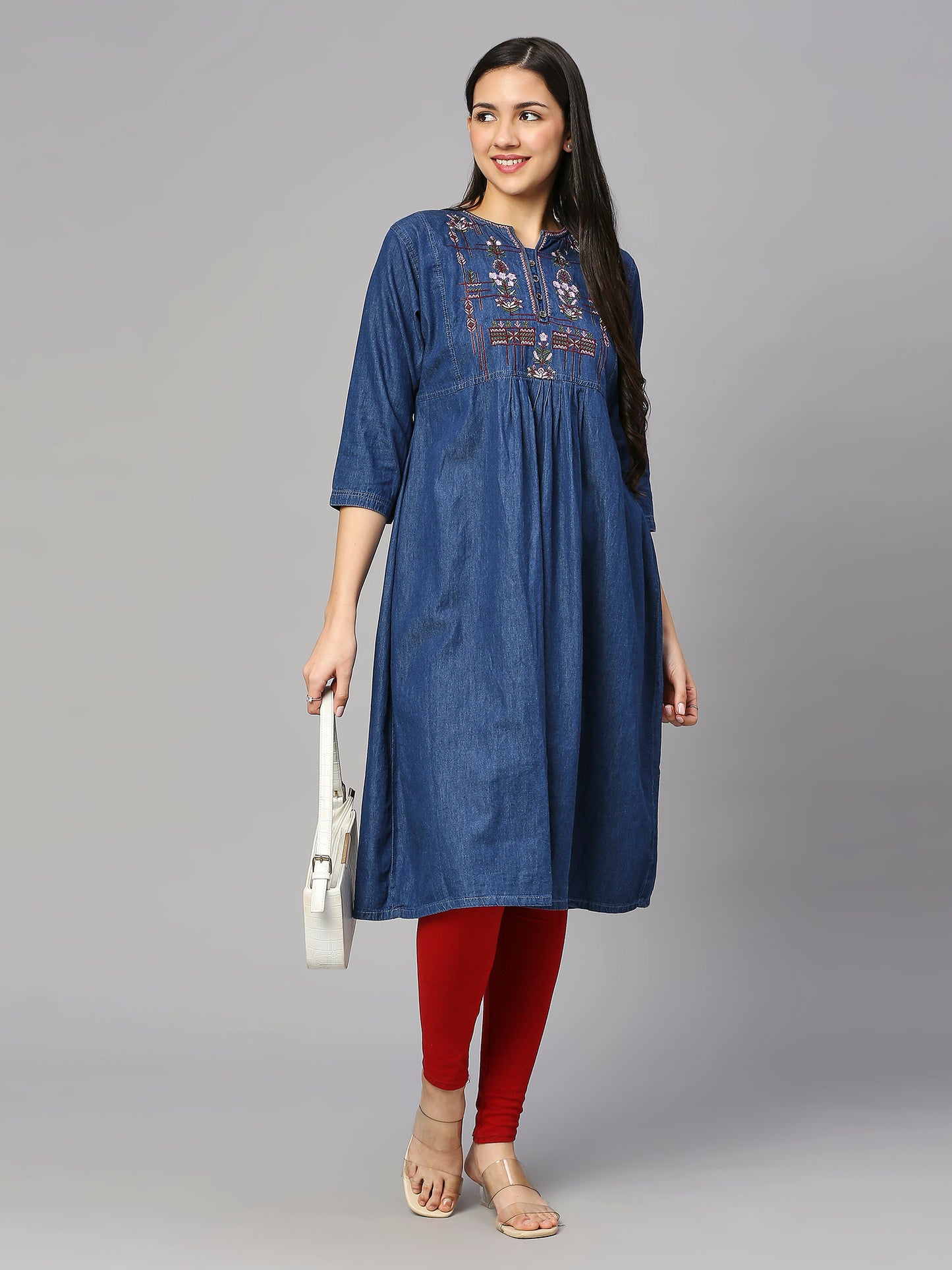 Cefalu®️ Women dark blue embroidered flared kurti