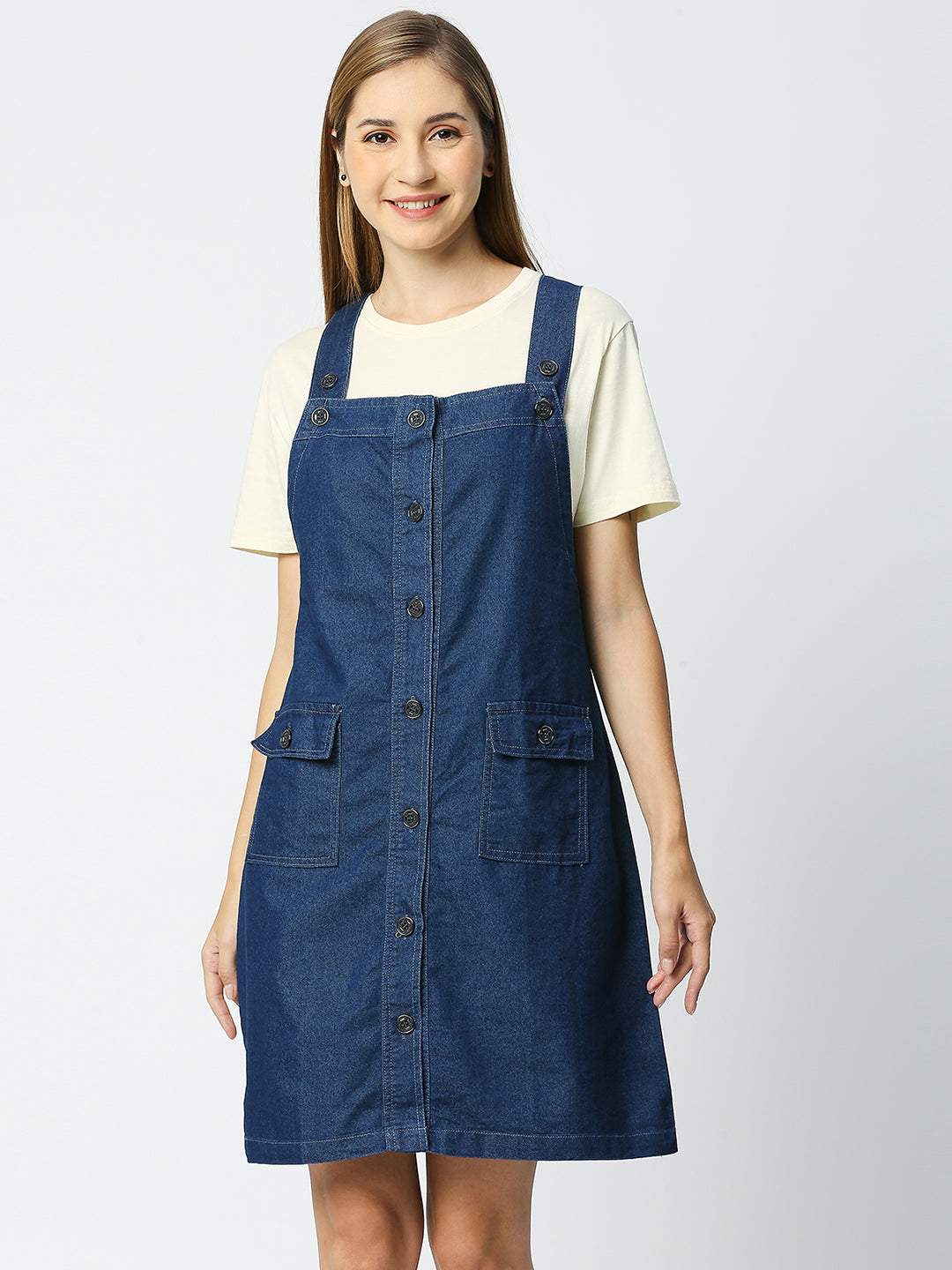 Cefalu®️ Women Buttoned Dungaree Dress with Flap Pocket