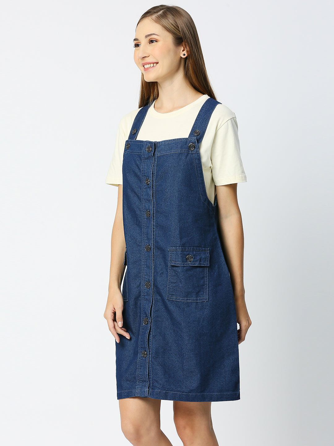 Cefalu®️ Women Buttoned Dungaree Dress with Flap Pocket