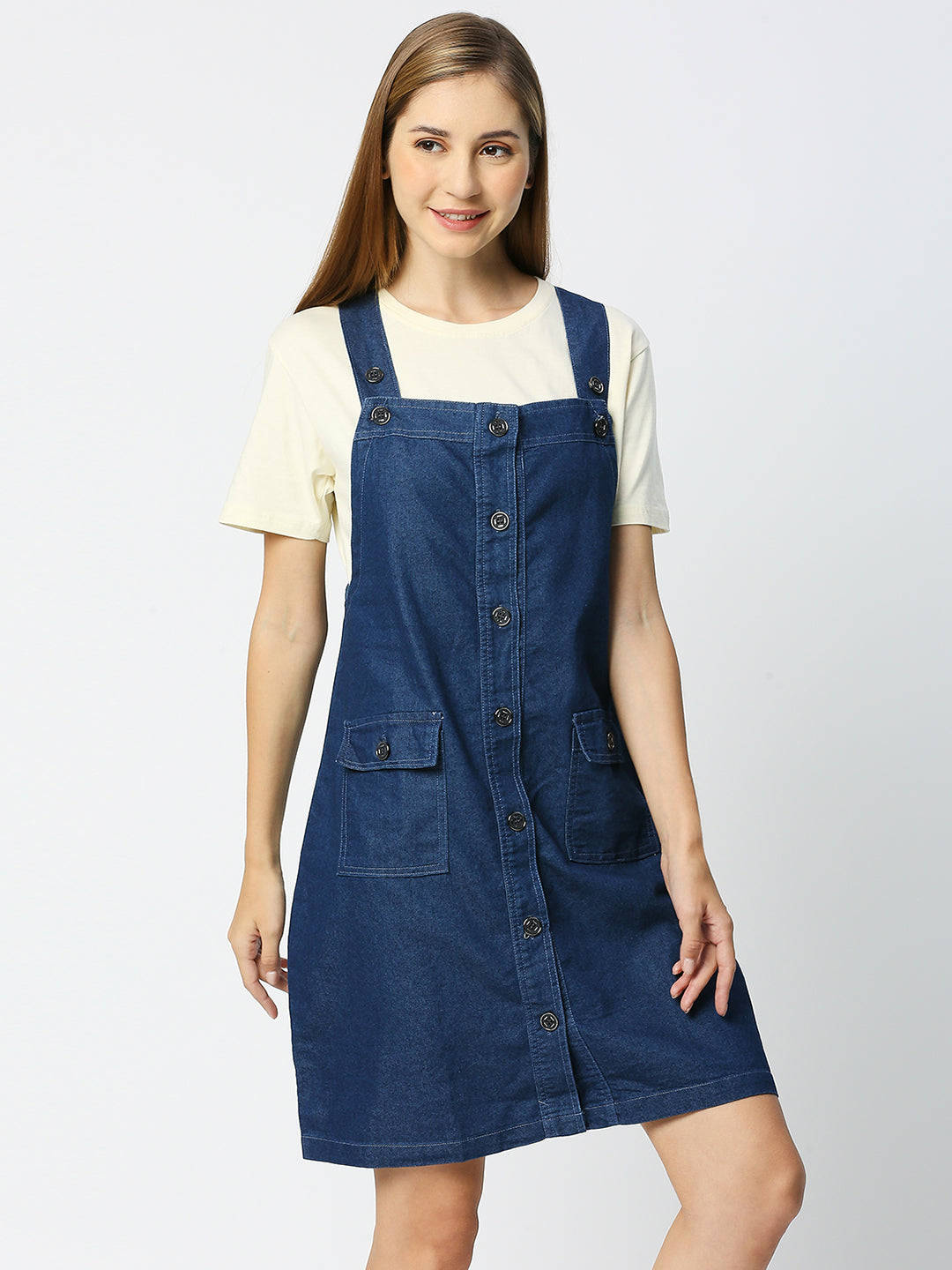 Cefalu®️ Women Buttoned Dungaree Dress with Flap Pocket