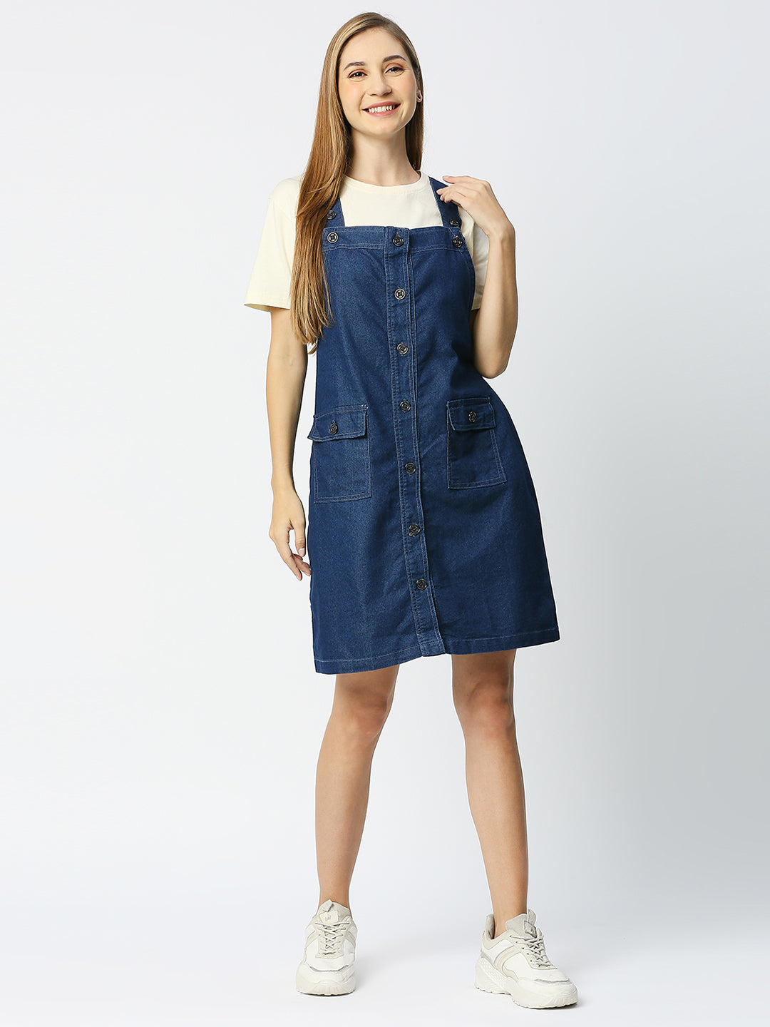 Cefalu®️ Women Buttoned Dungaree Dress with Flap Pocket