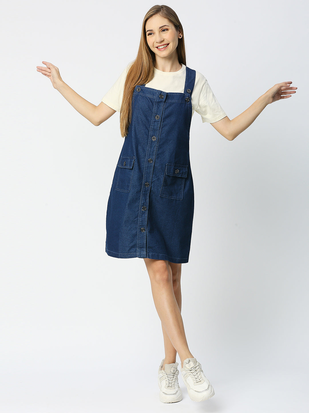 Cefalu®️ Women Buttoned Dungaree Dress with Flap Pocket