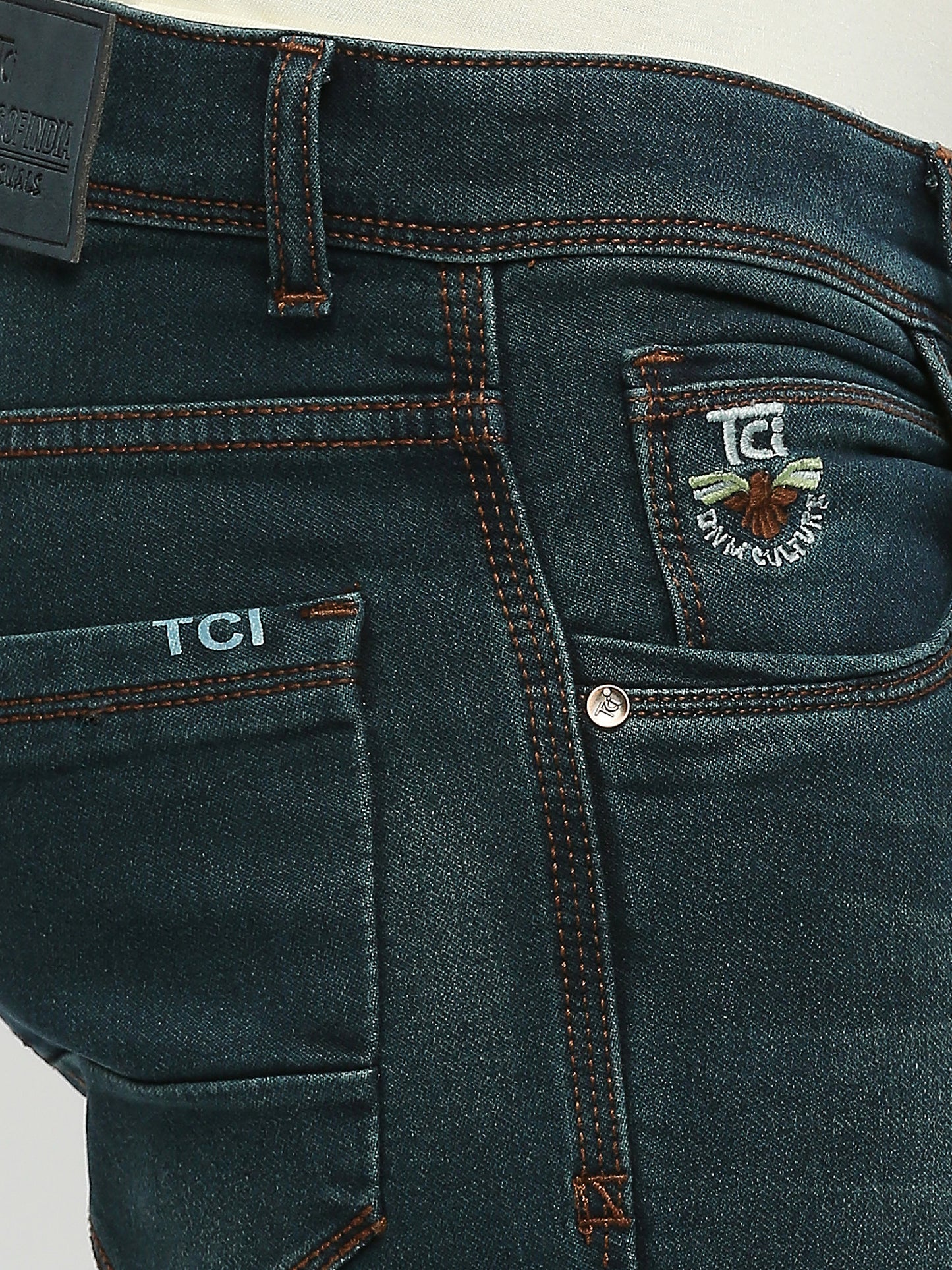 True Colors of India®️ (TCI) Bottel Greenish color Men's Slim Fit Stretchable Fabric Casual Wear Denim Jeans with whisker and spray and Brown stiching details