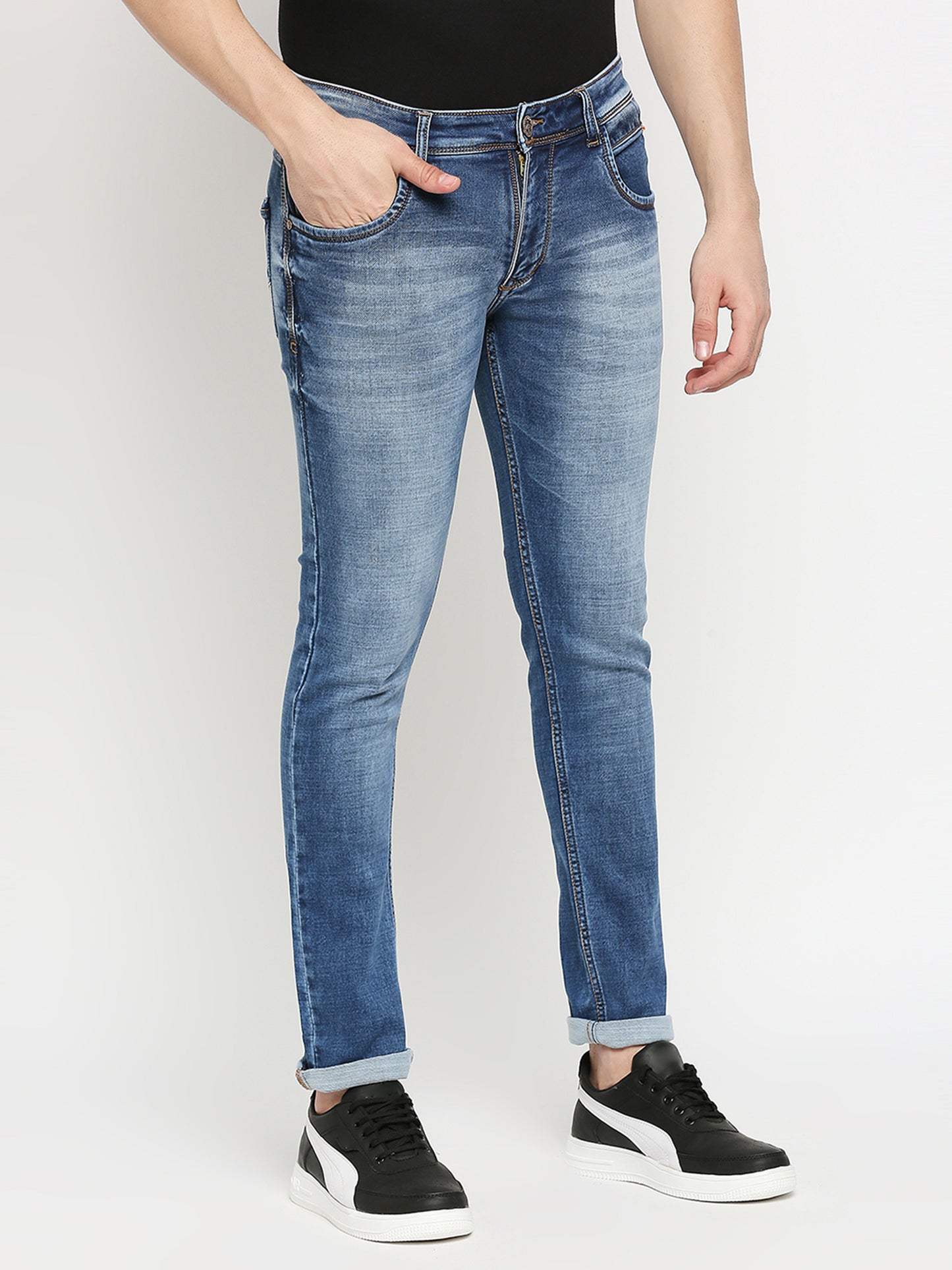 True Colors of India®️ (TCI) Mid blue whisker Stretchable Casual Denim Knitts Cotton Jeans Slim Fit Mid Rise full Length(42 inch)