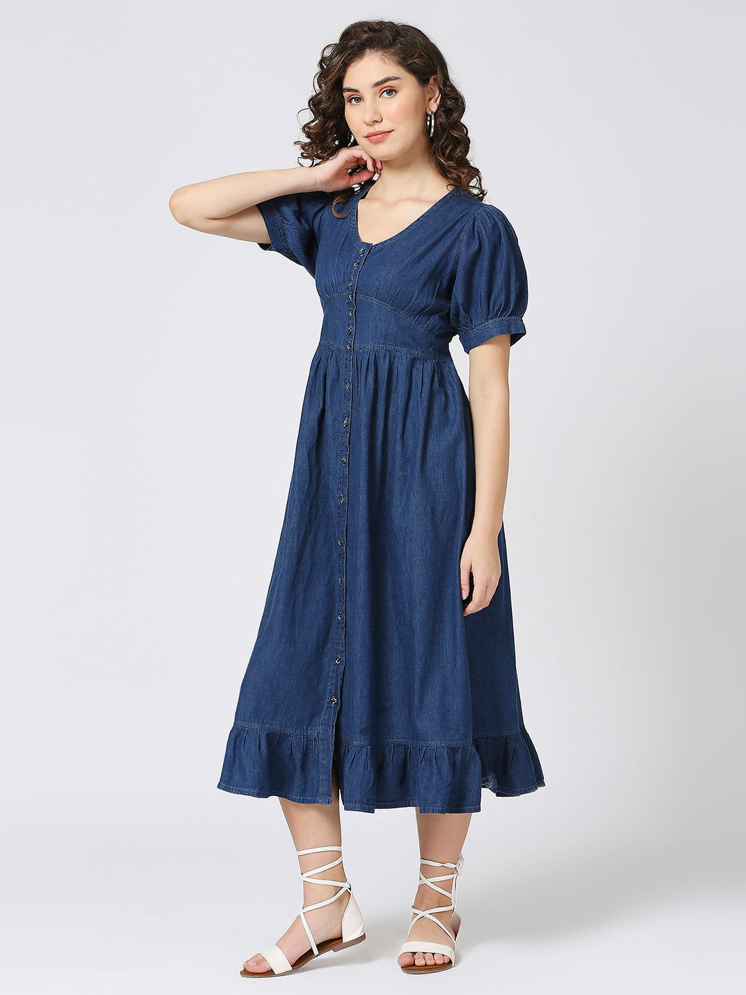 Cefalu®️ Soft Cotton Denim Long Dress with Ballon Sleeves and Front Button Down Pattern