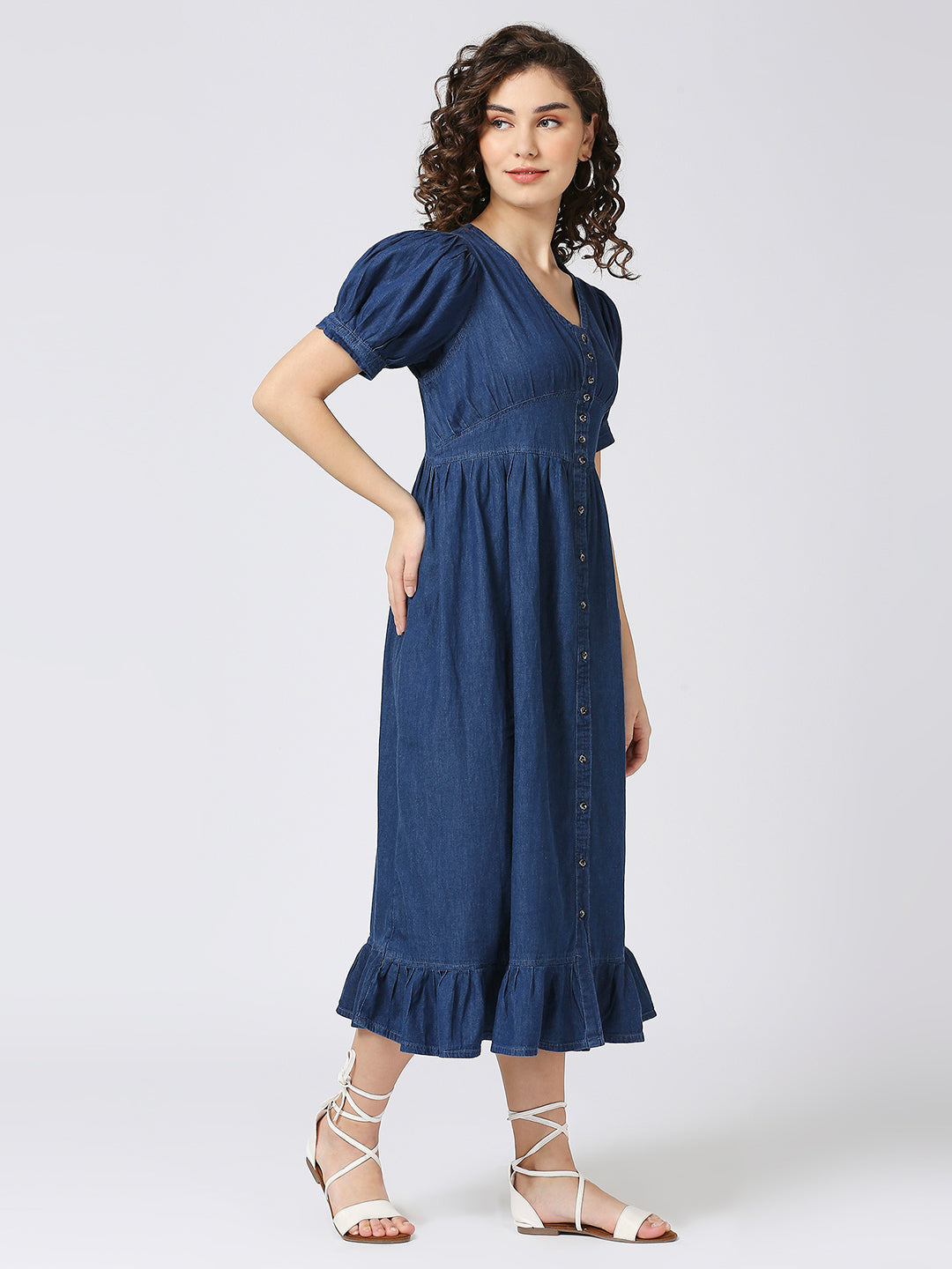 Cefalu®️ Soft Cotton Denim Long Dress with Ballon Sleeves and Front Button Down Pattern