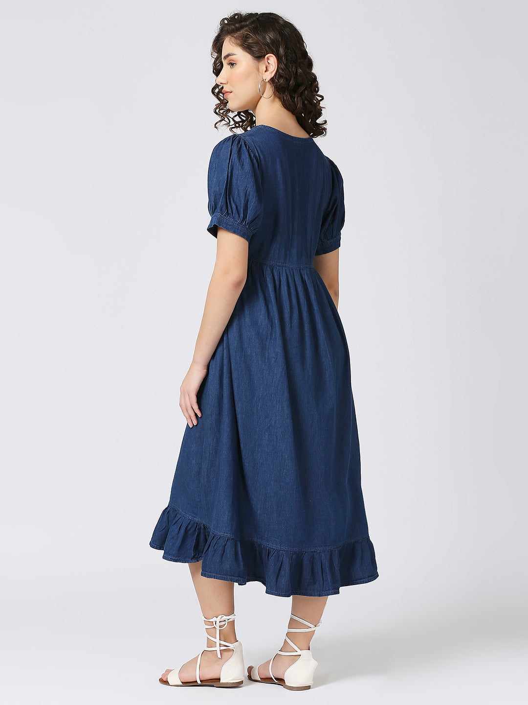 Cefalu®️ Soft Cotton Denim Long Dress with Ballon Sleeves and Front Button Down Pattern