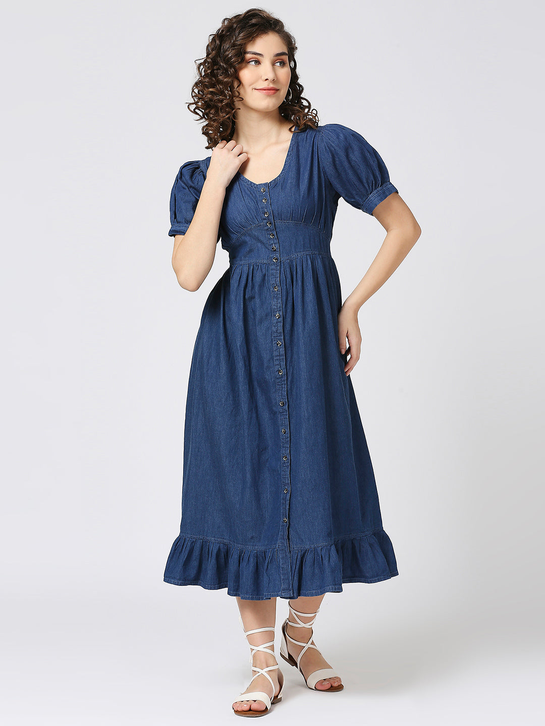 Cefalu®️ Soft Cotton Denim Long Dress with Ballon Sleeves and Front Button Down Pattern