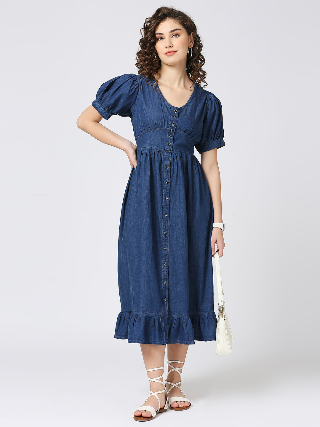 Cefalu®️ Soft Cotton Denim Long Dress with Ballon Sleeves and Front Button Down Pattern