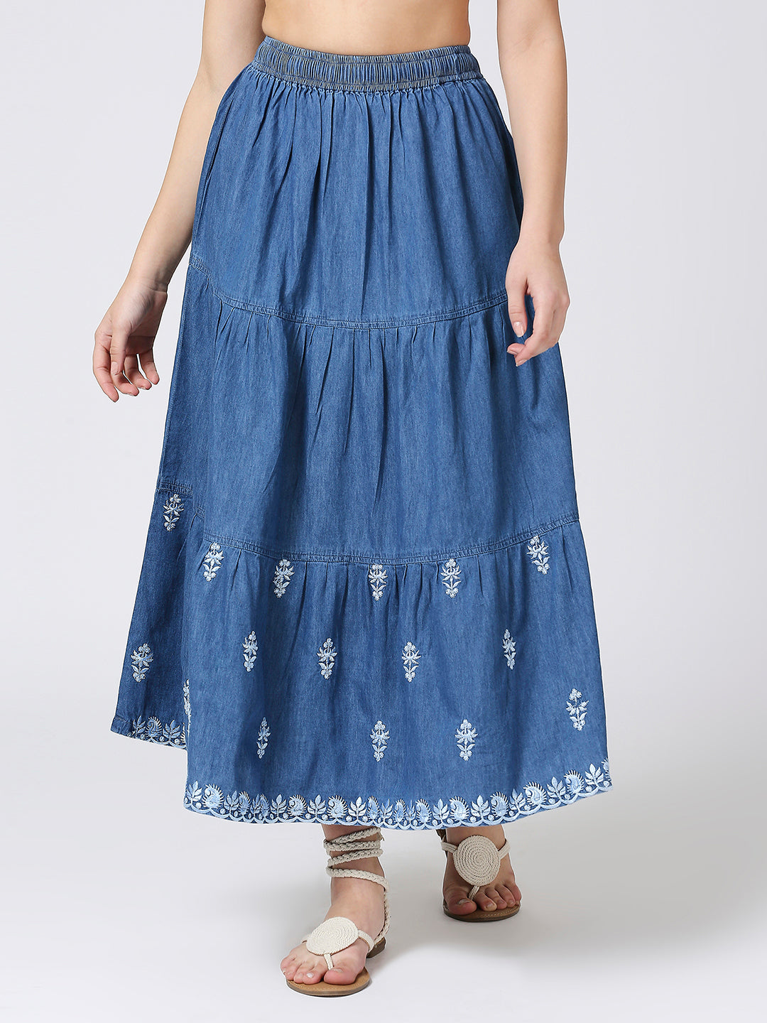 Cefalu®️ denim boho long casual tiered skirts with embridery