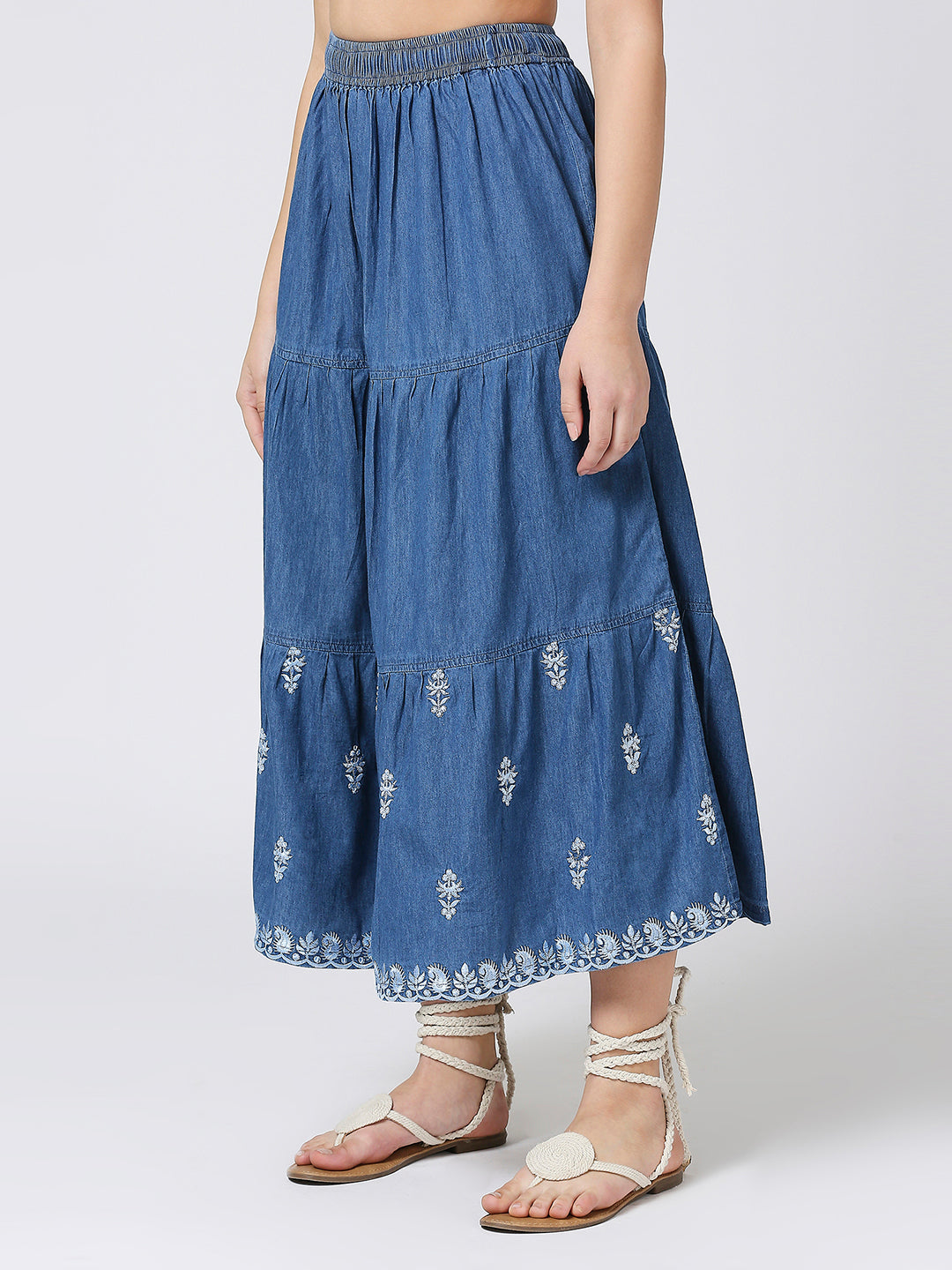 Cefalu®️ denim boho long casual tiered skirts with embridery