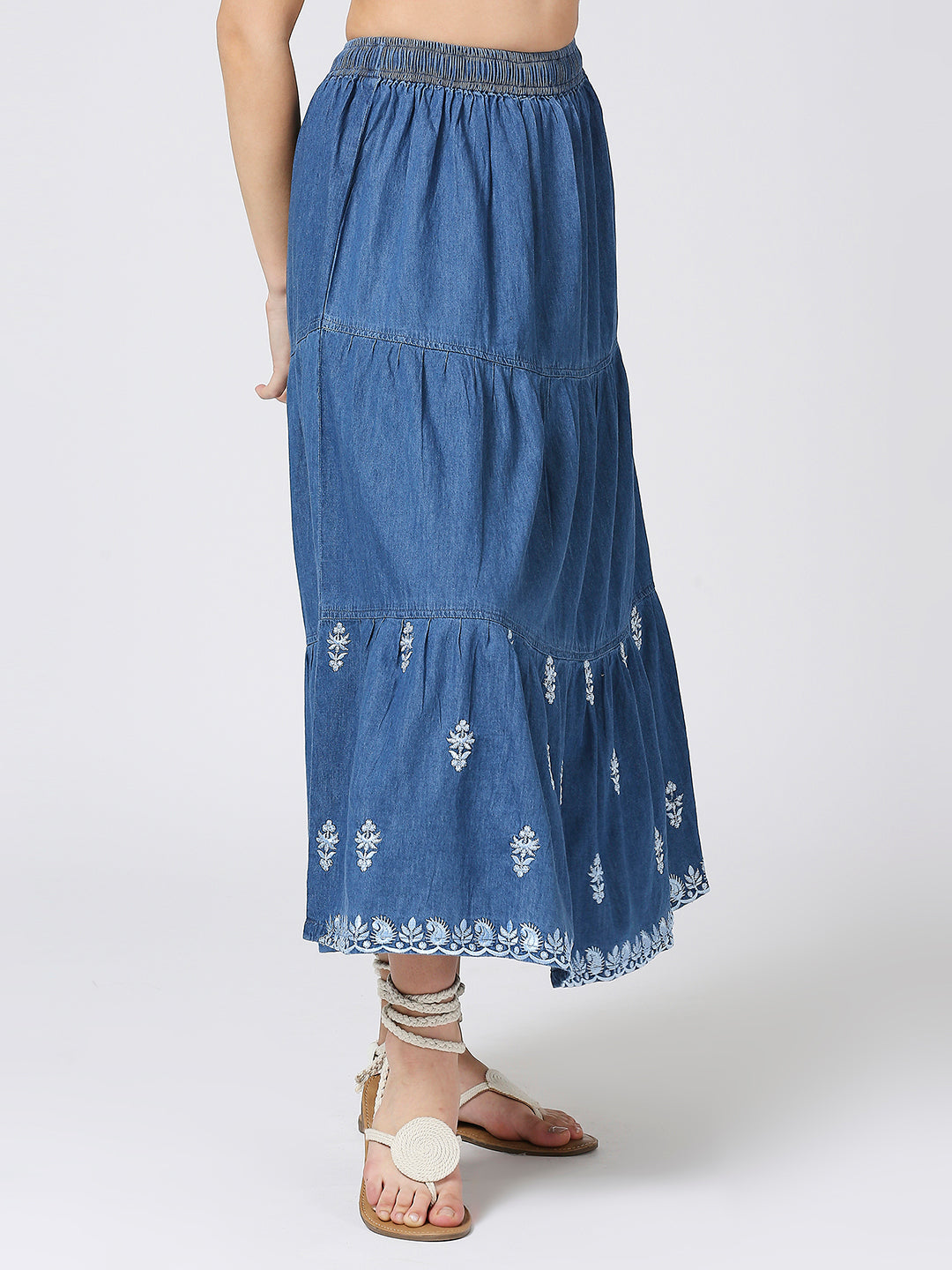 Cefalu®️ denim boho long casual tiered skirts with embridery