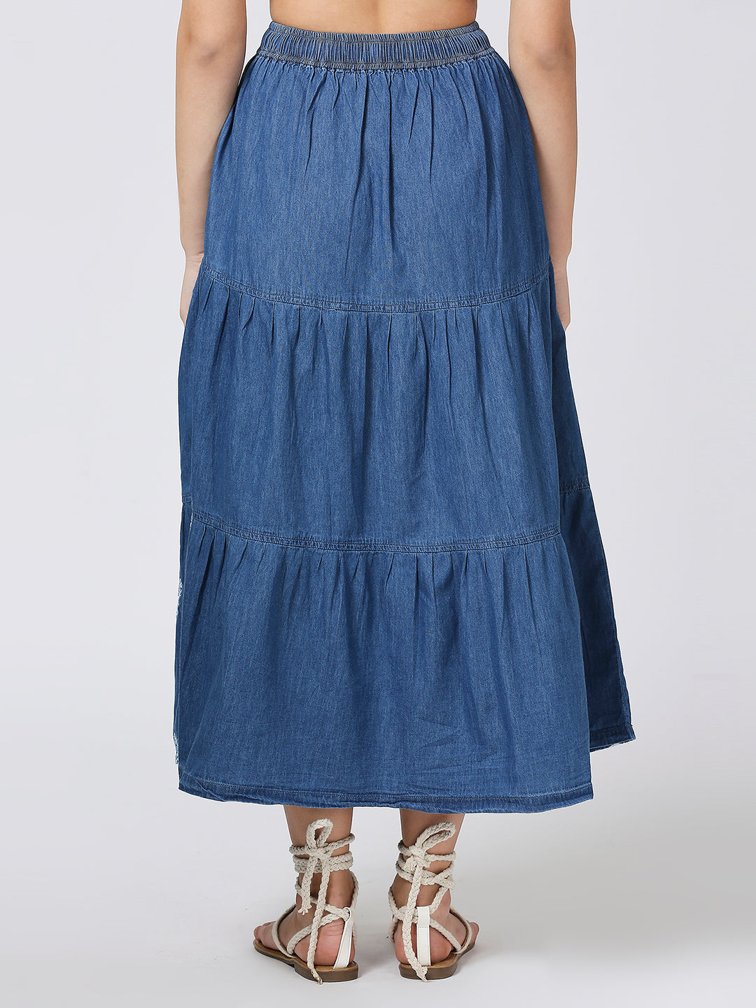 Cefalu®️ denim boho long casual tiered skirts with embridery