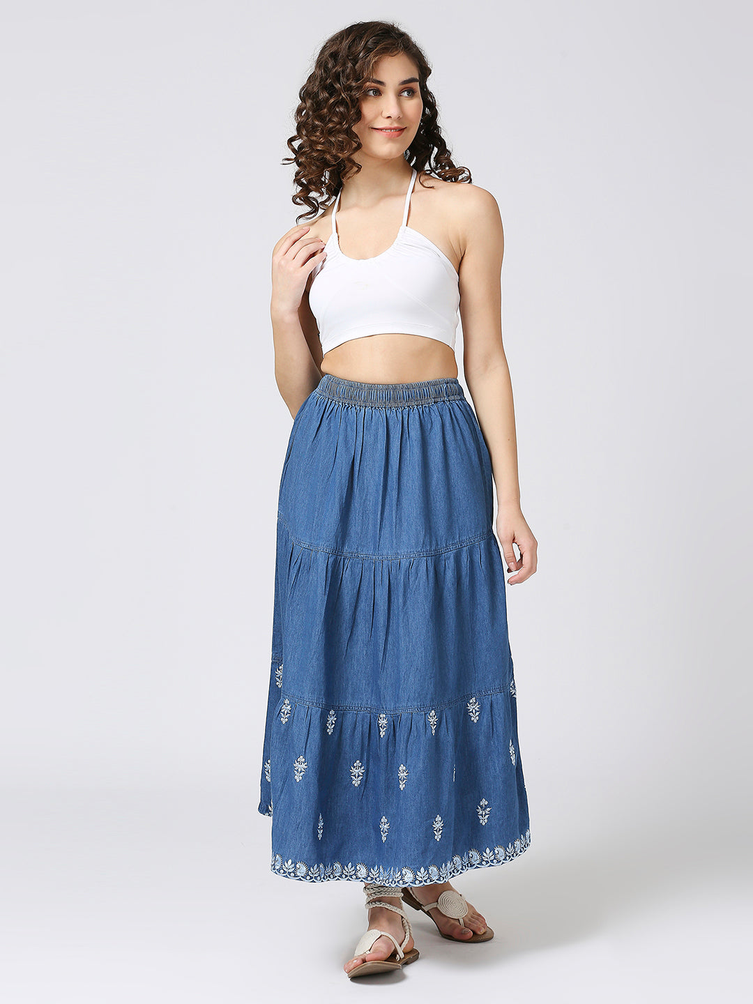 Cefalu®️ denim boho long casual tiered skirts with embridery