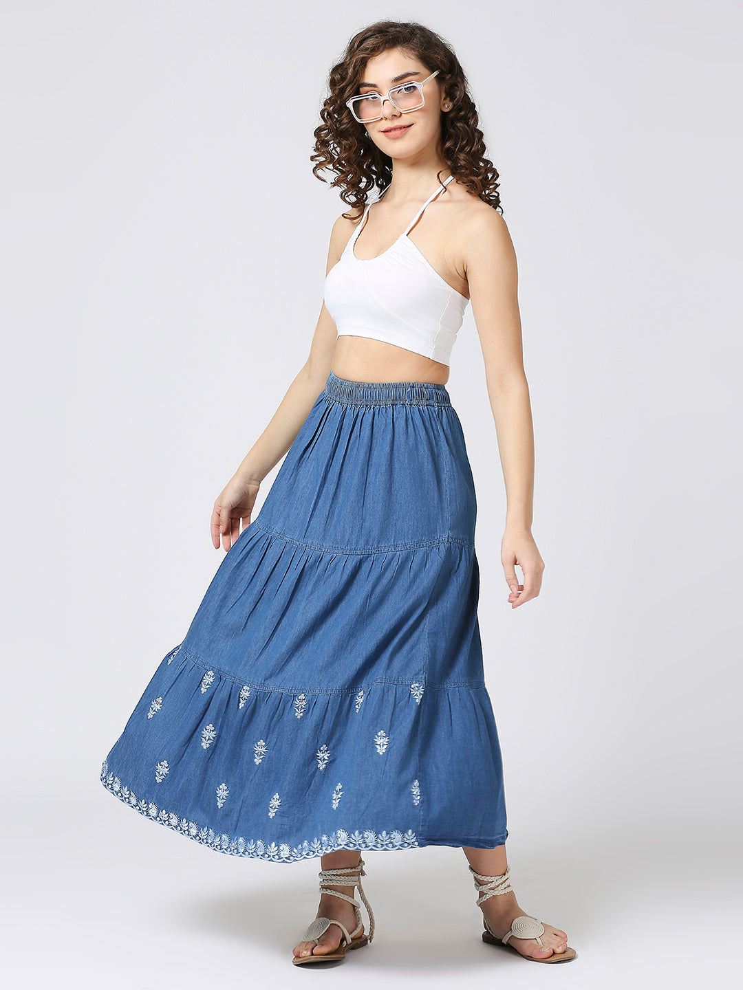 Cefalu®️ denim boho long casual tiered skirts with embridery