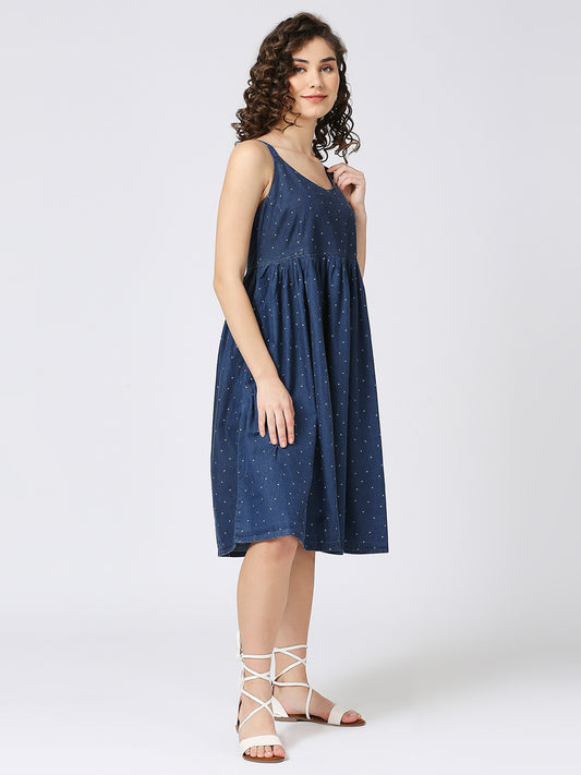 A-line soft cotton denim spaghetti dress