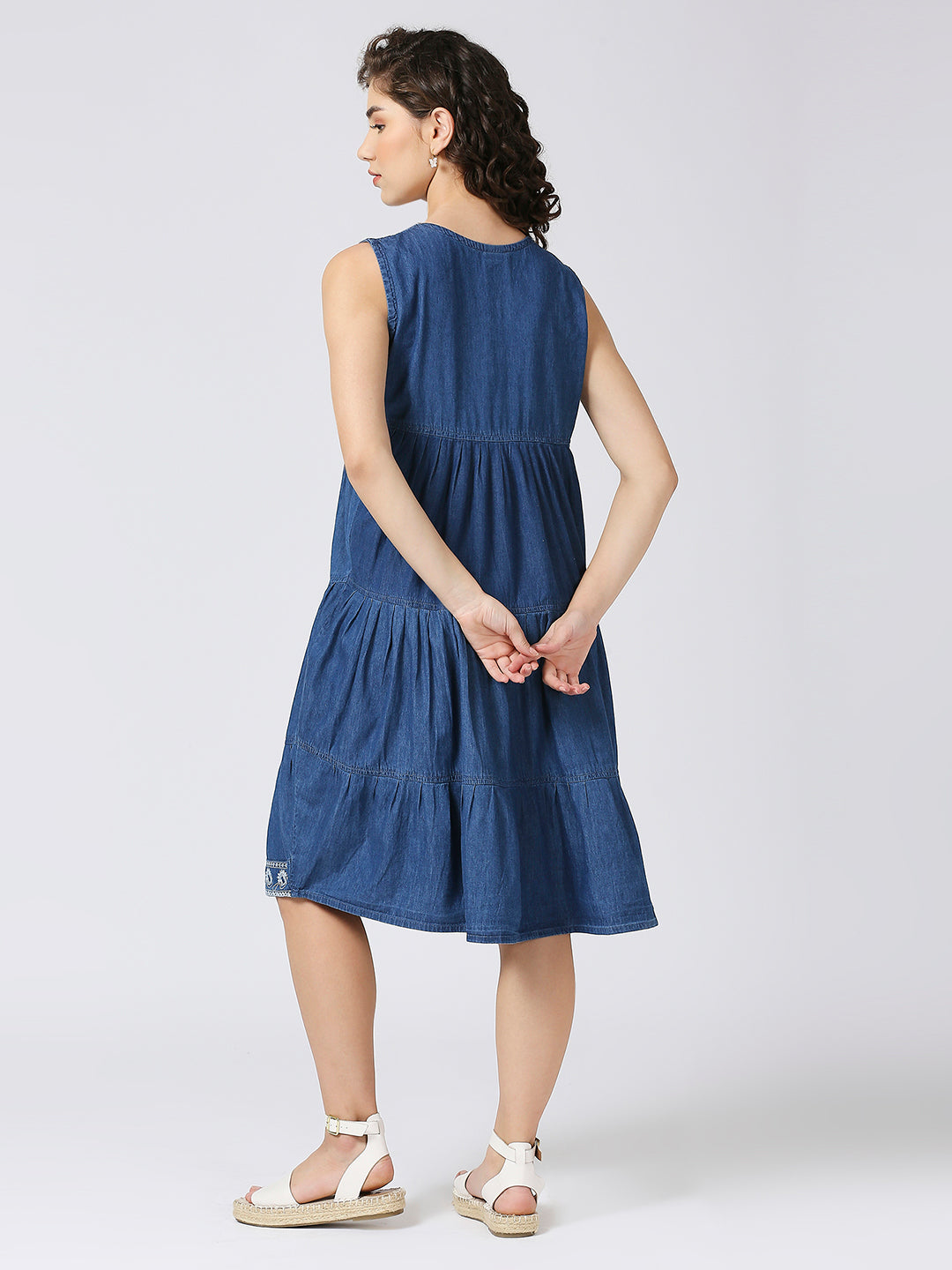 Cefalu®️ Cotton denim tiered sleeveless dress with embroidered pattern