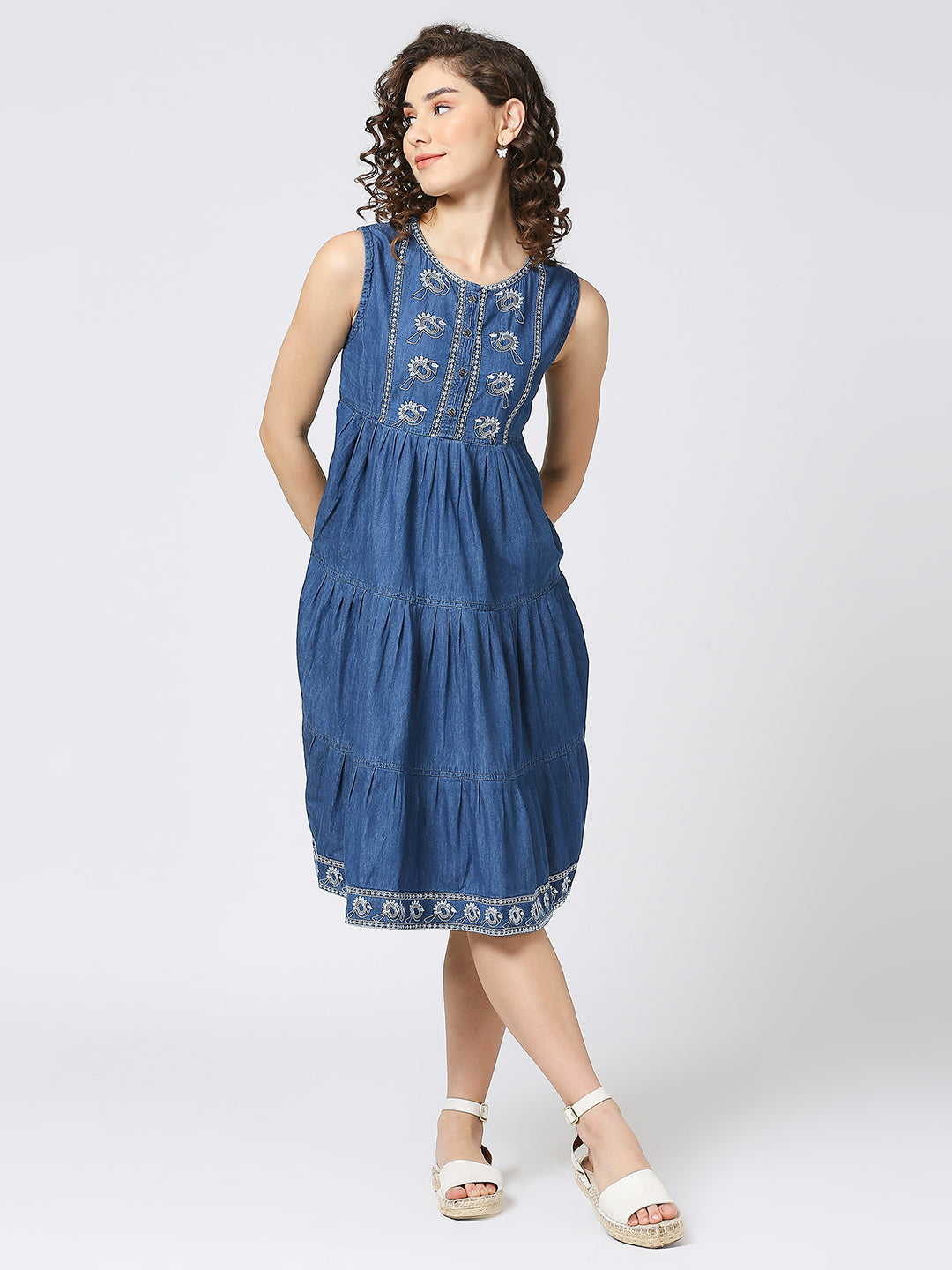 Cefalu®️ Cotton denim tiered sleeveless dress with embroidered pattern