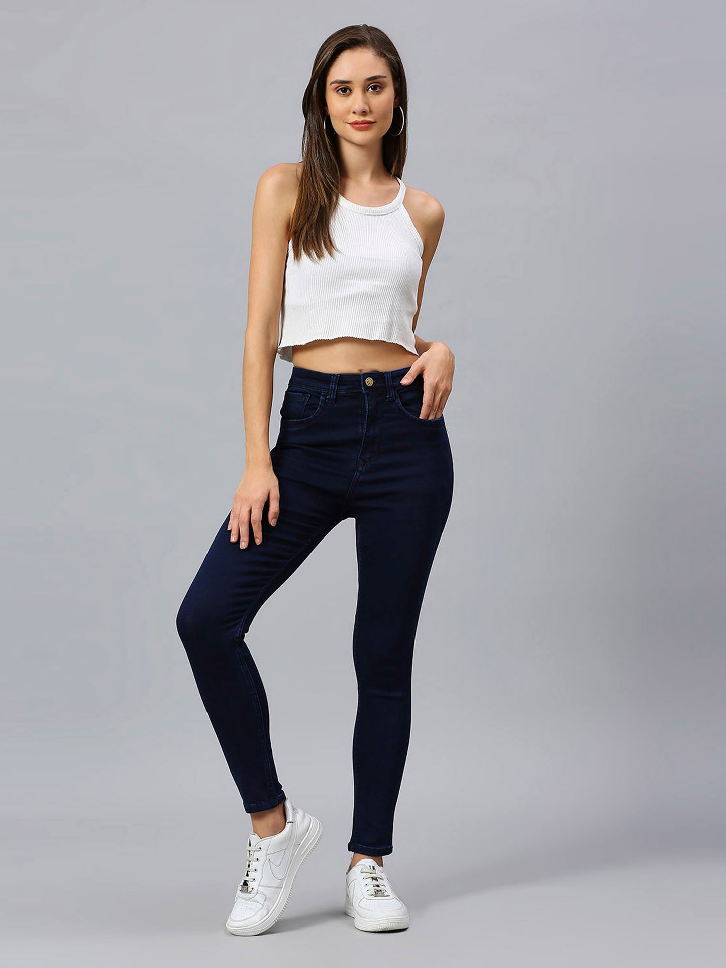 Cefalu®️ Dark Blue High Waist Skinny Fit Jeans For Women