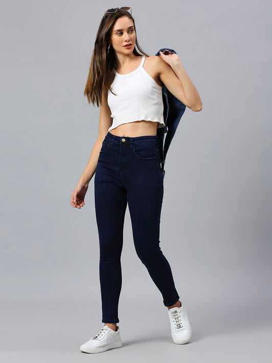 Cefalu Dark Blue High Waist Skinny Fit Jeans For Women