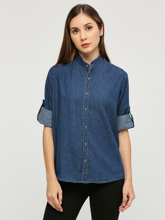 Cefalu®️ denim oversized shirt with Mandarin Collar for women