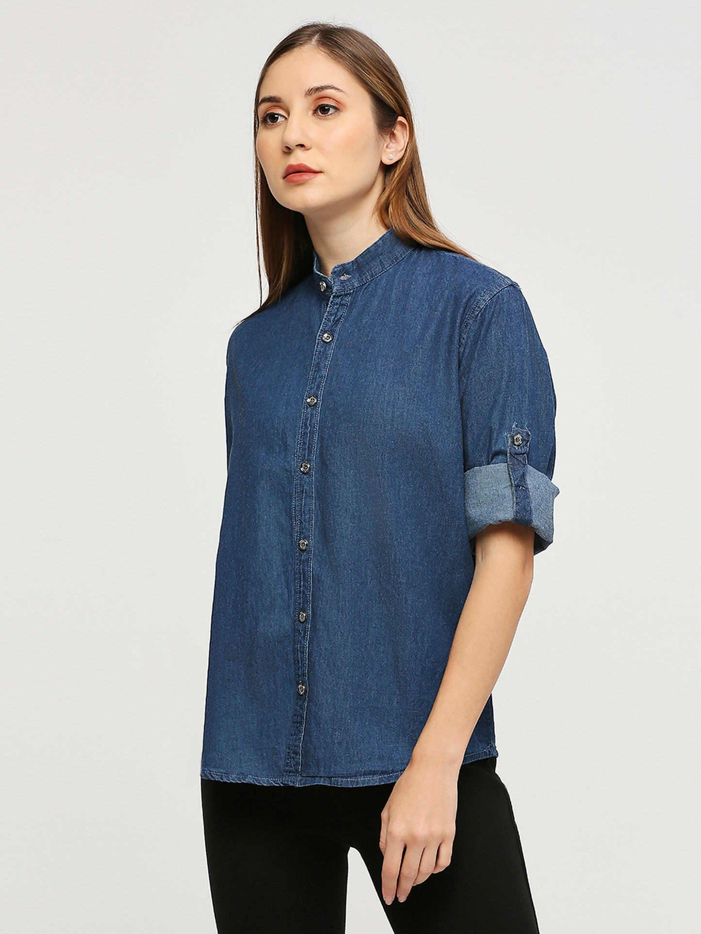 Cefalu®️ denim oversized shirt with Mandarin Collar for women