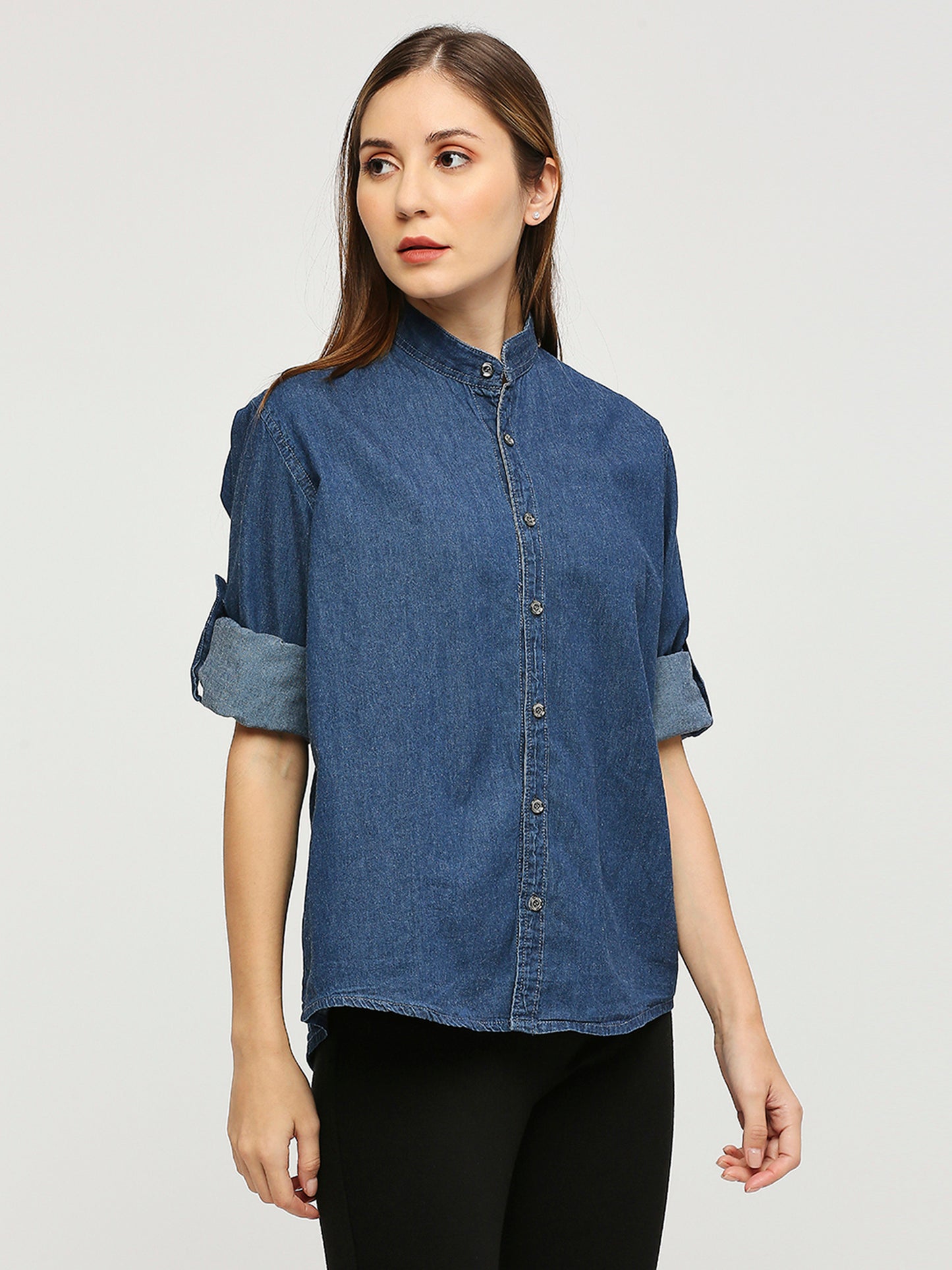 Cefalu®️ denim oversized shirt with Mandarin Collar for women