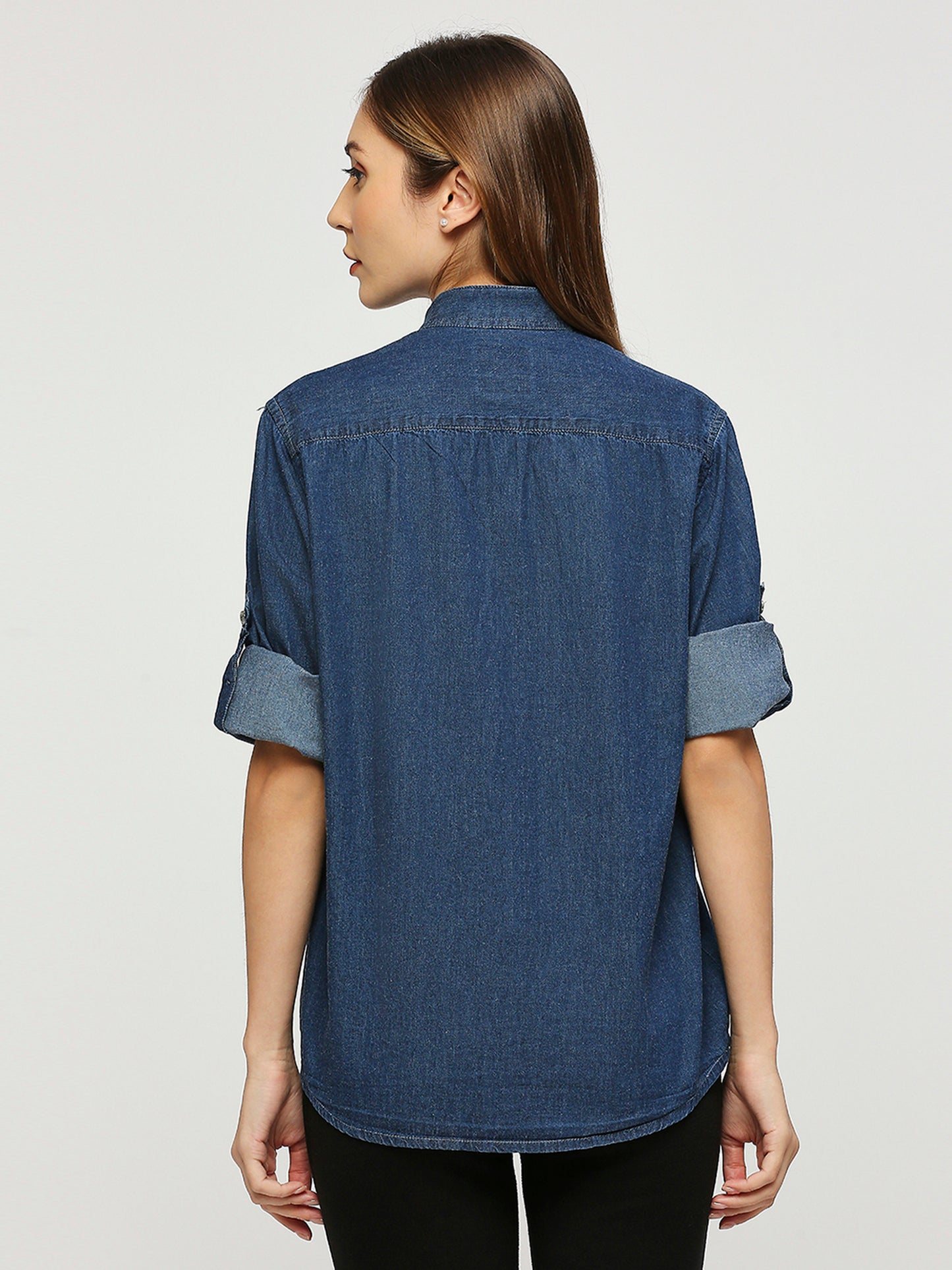 Cefalu®️ denim oversized shirt with Mandarin Collar for women