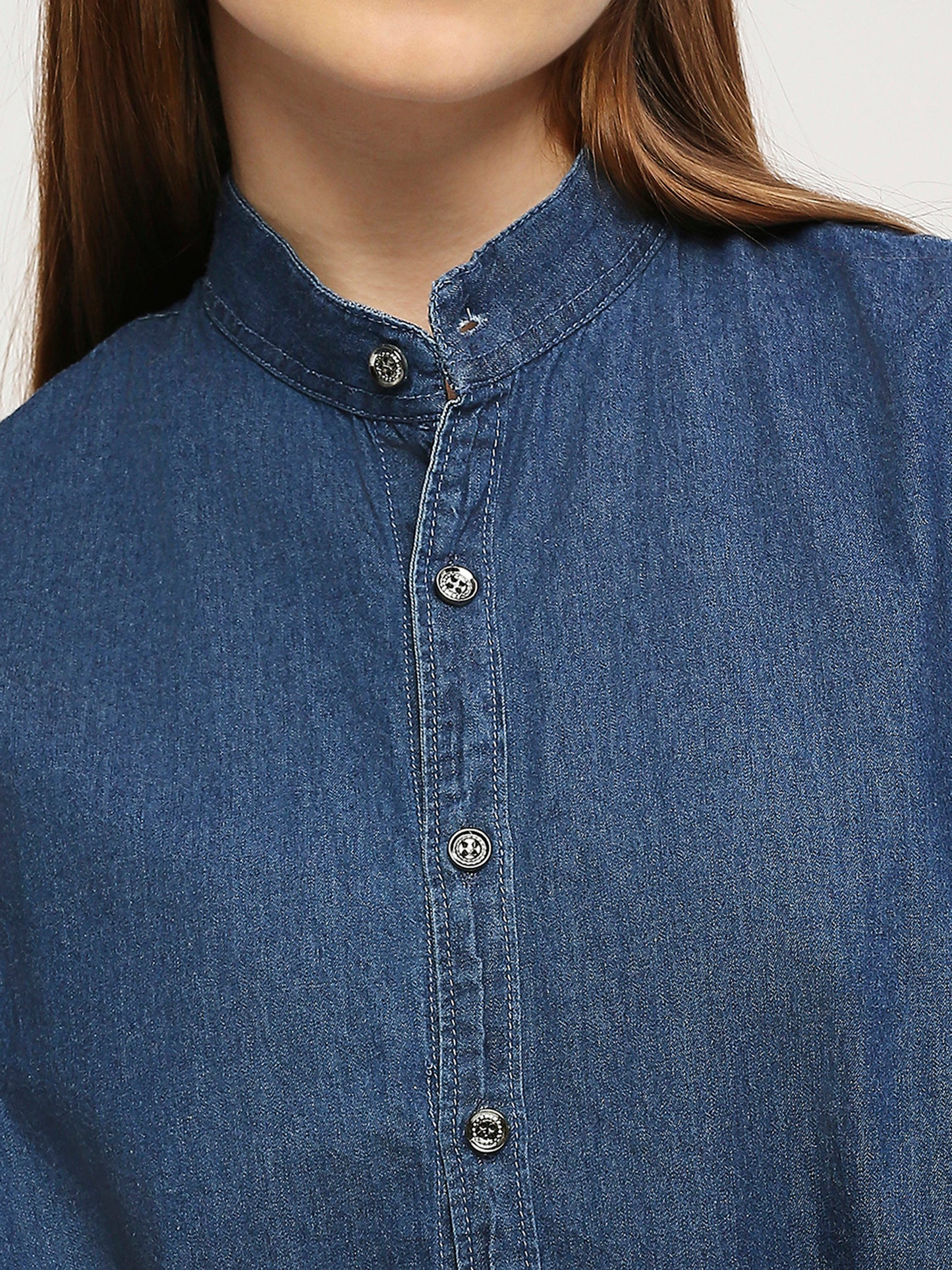 Cefalu®️ denim oversized shirt with Mandarin Collar for women