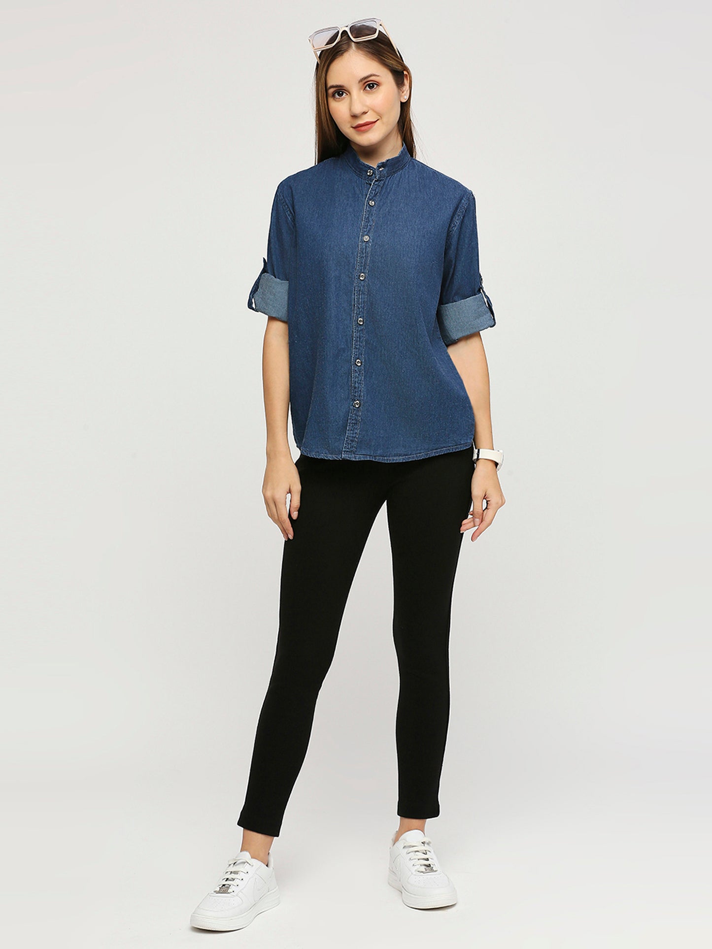 Cefalu®️ denim oversized shirt with Mandarin Collar for women