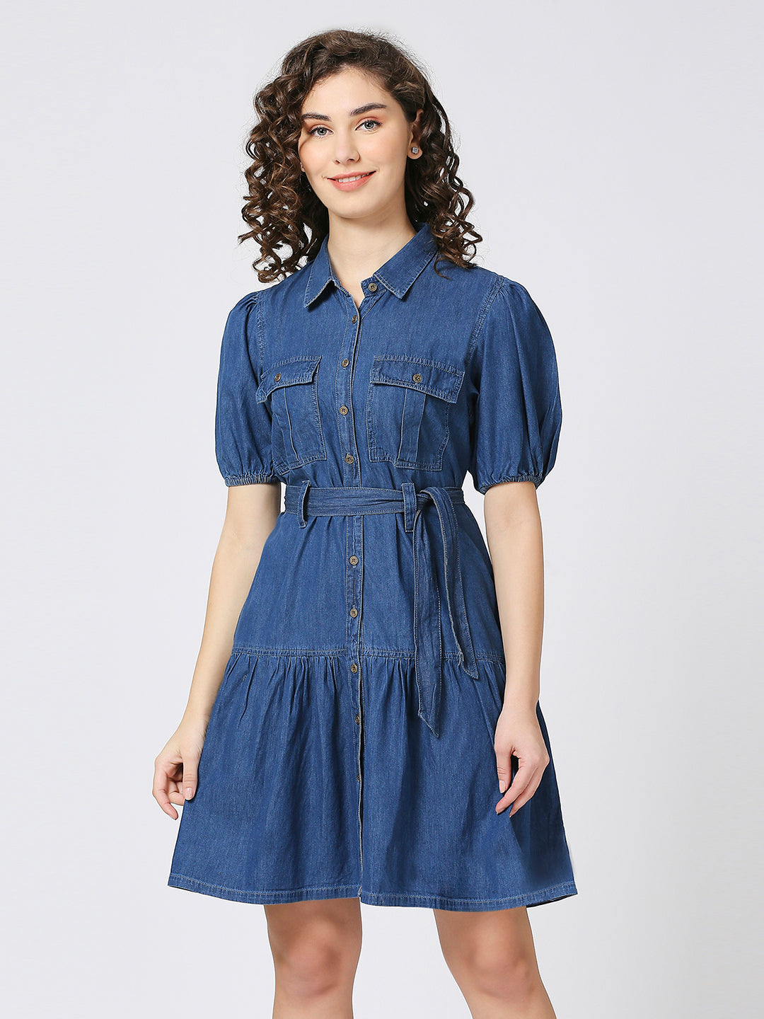 Cefalu®️ women denim flared dress with balloon sleeves