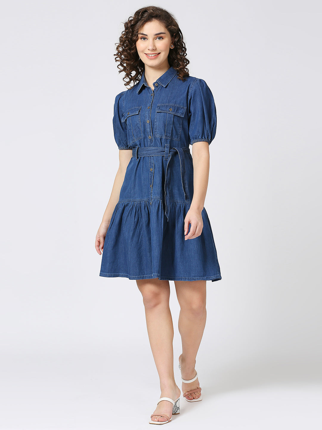 Cefalu®️ women denim flared dress with balloon sleeves