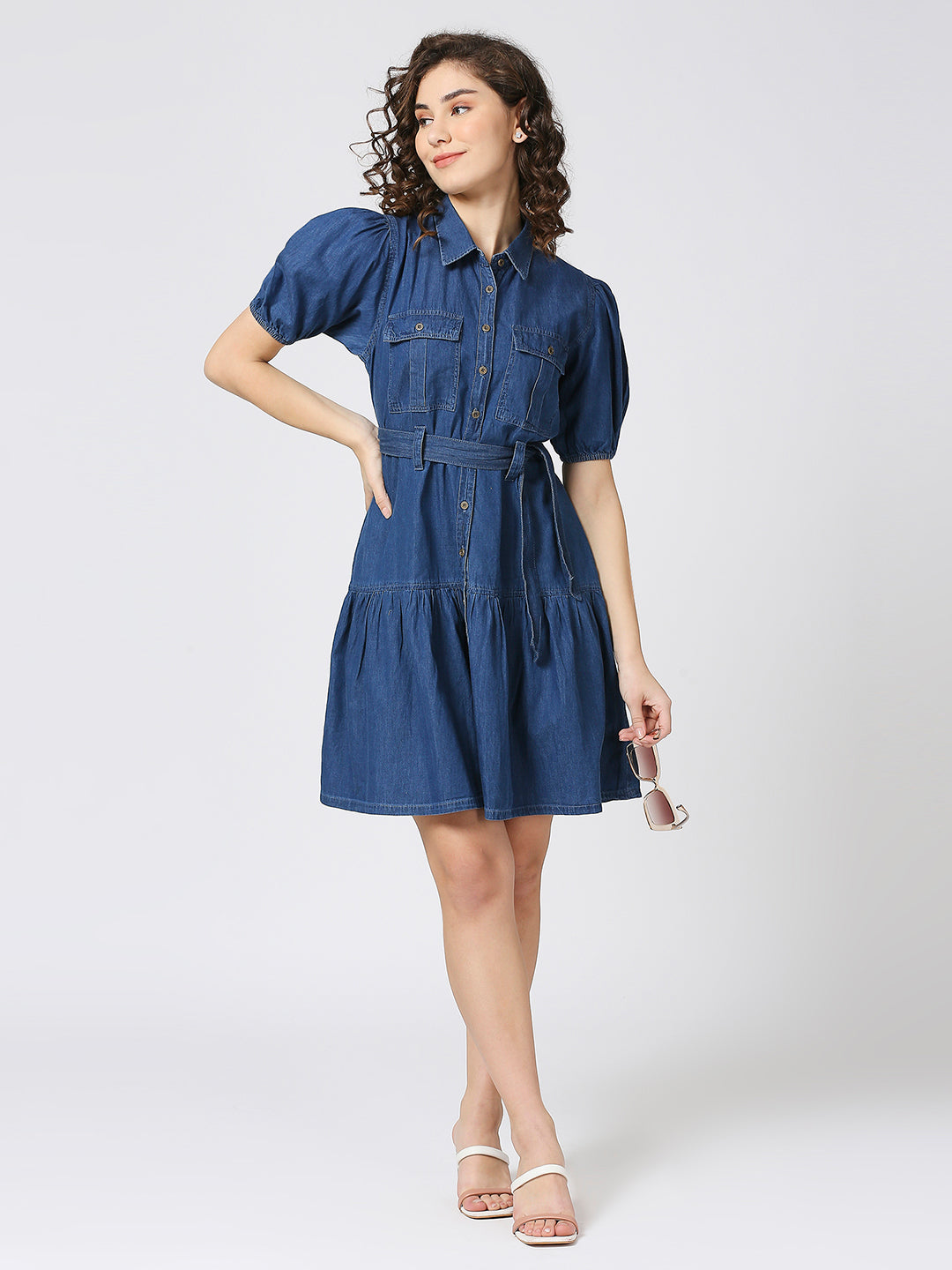 Cefalu®️ women denim flared dress with balloon sleeves