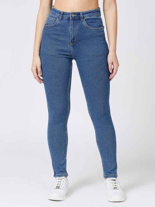 Pair of Cefalu high-waisted skinny jeans for women in a solid pattern, featuring a high rise, skinny fit, and multiple pockets. Made from a blend of cotton, polyester, and elastane